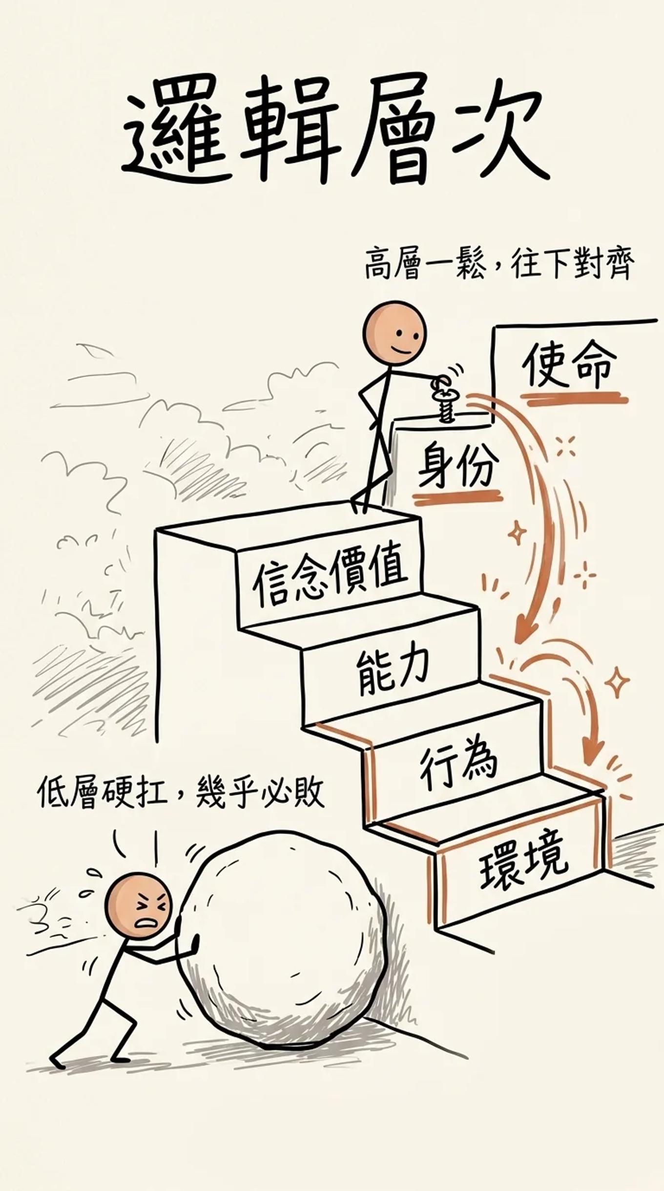 NLP 邏輯層次六層階梯：低層硬扛推石頭幾乎必敗，高層身份鬆一顆螺絲，低層行為自動往下對齊