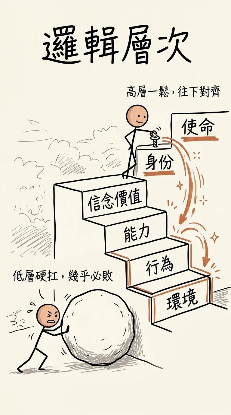 NLP 邏輯層次六層階梯:低層硬扛推石頭幾乎必敗,高層身份鬆一顆螺絲,低層行為自動往下對齊