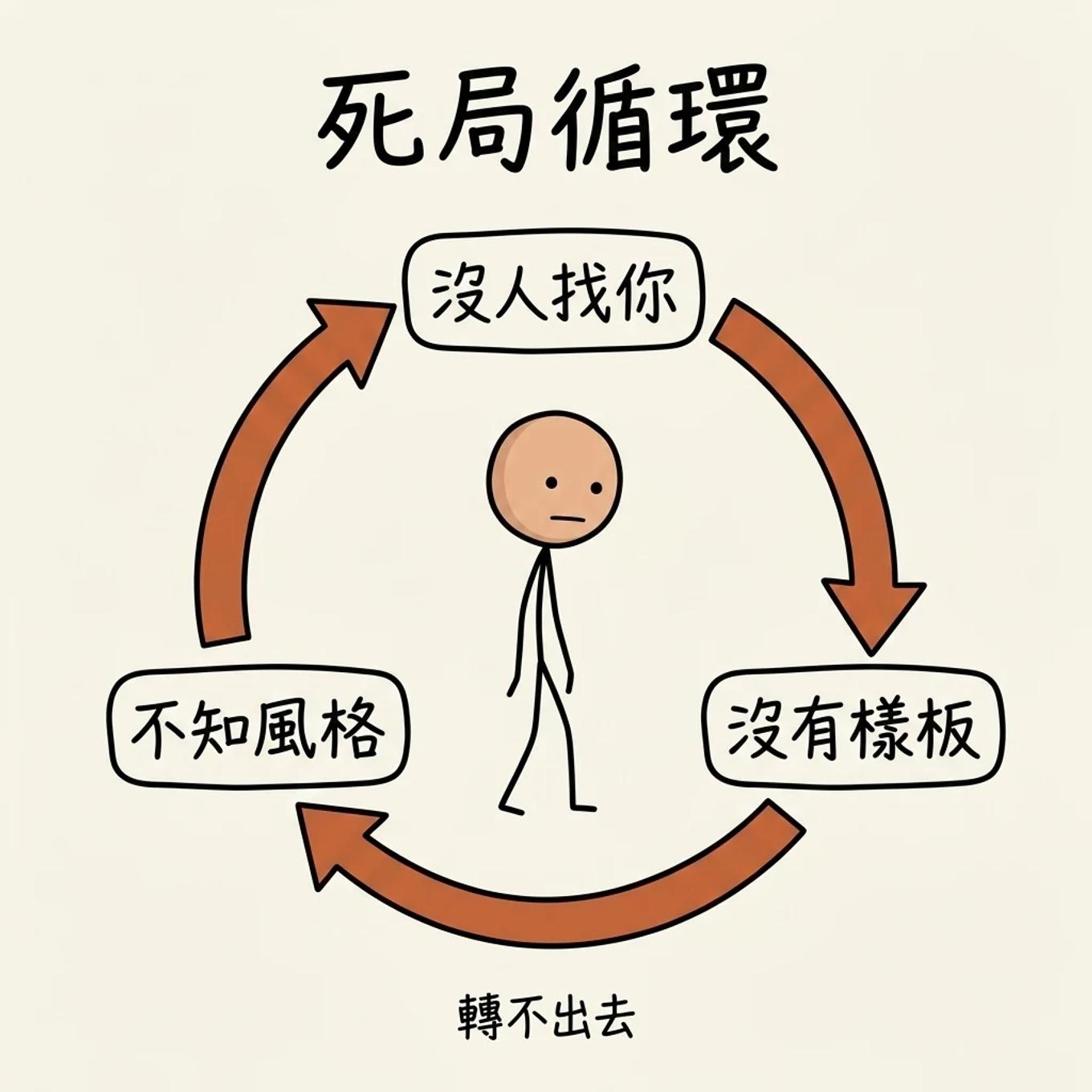 接第一支業配的死局循環：沒人找你業配 → 你沒有業配樣板 → 別人不知你風格 → 又沒人找你，封閉迴圈轉不出去