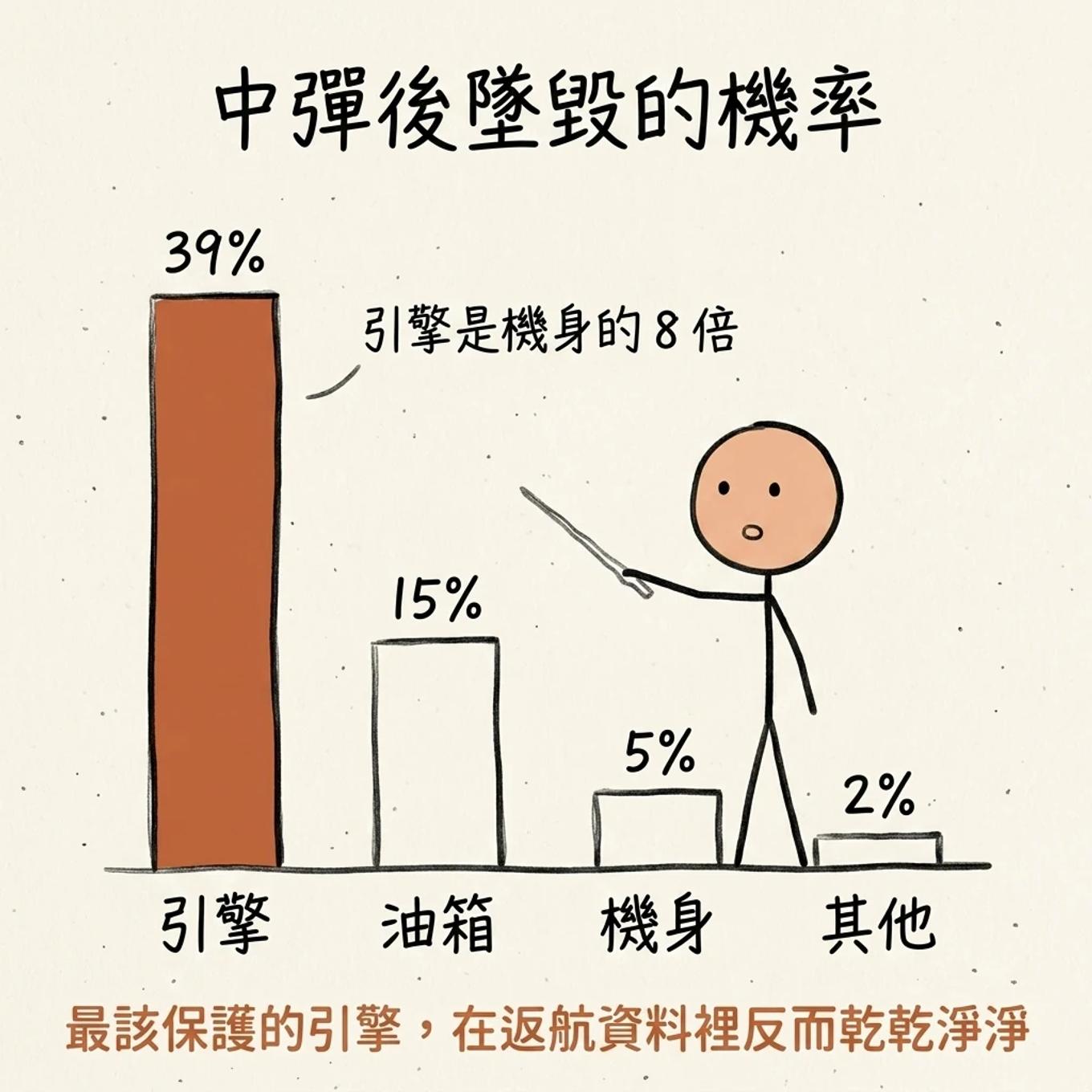 各部位中彈後的擊落機率長條圖：引擎百分之三十九最致命，是機身的八倍