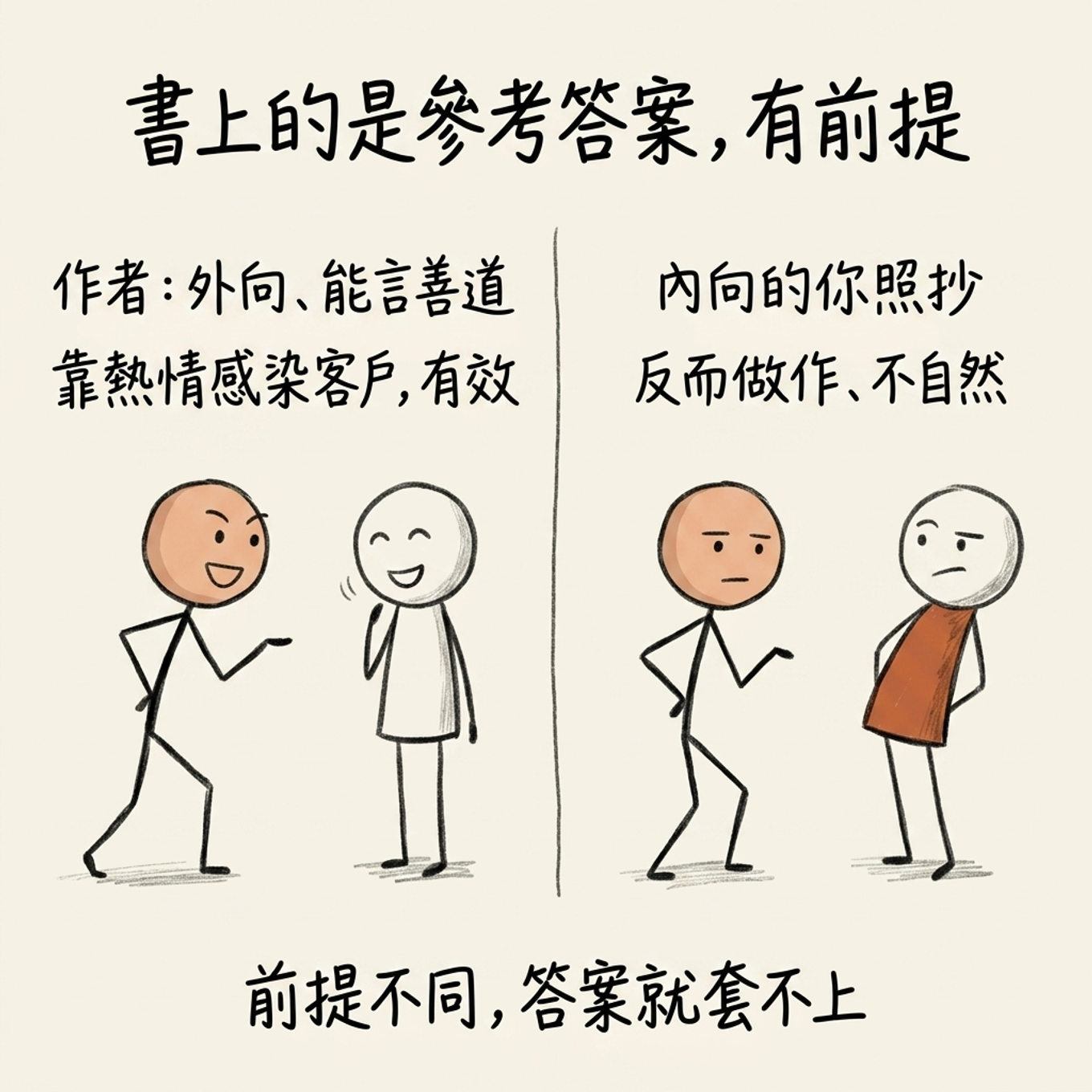 書上的是參考答案、有前提——外向能言善道的作者靠熱情感染客戶有效；內向的你照抄反而做作、不自然，前提不同答案就套不上