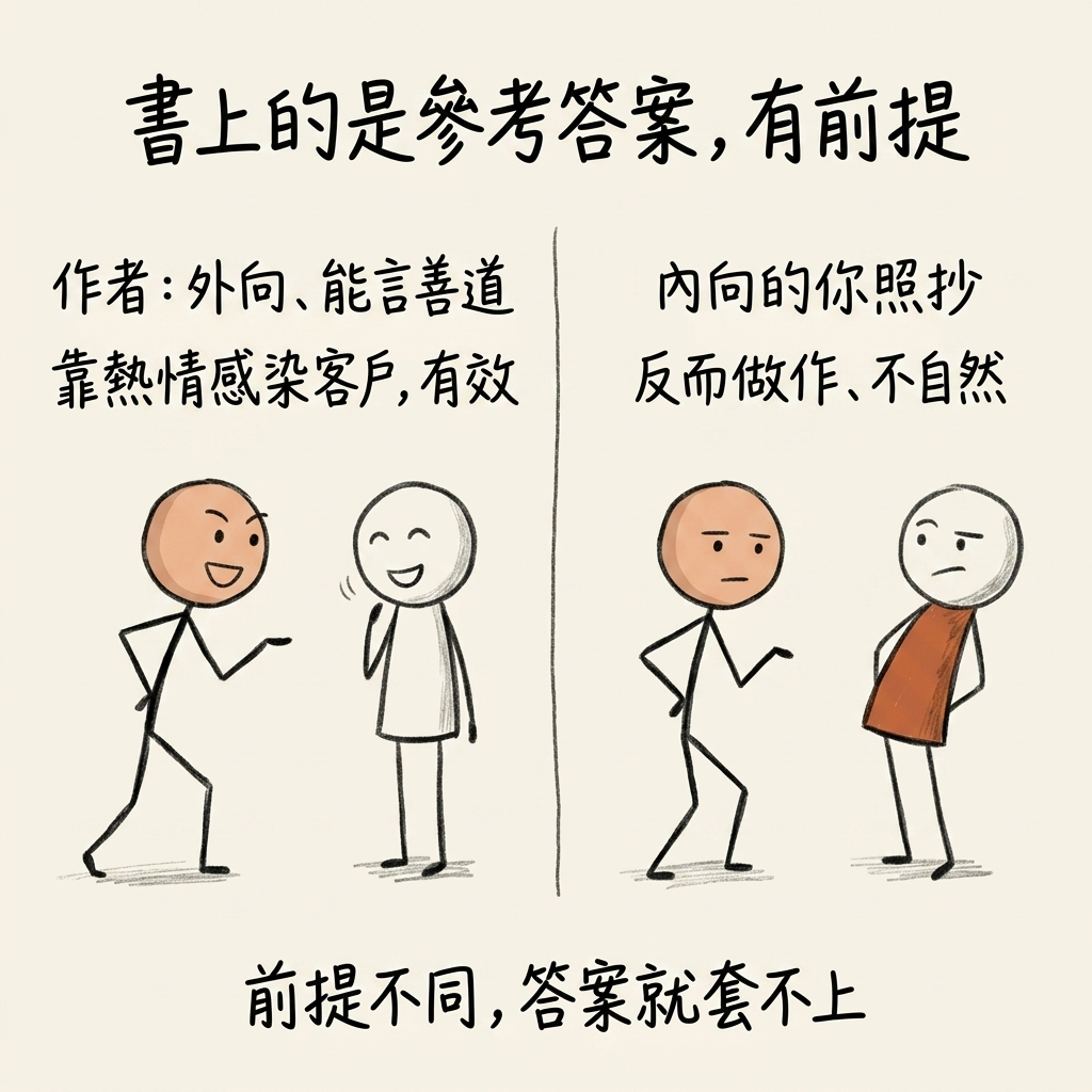 書上的是參考答案、有前提——外向能言善道的作者靠熱情感染客戶有效;內向的你照抄反而做作、不自然,前提不同答案就套不上