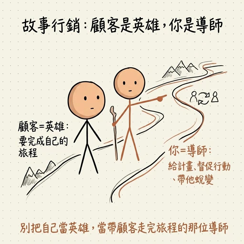 故事行銷顧客是英雄你是導師:顧客等於英雄要完成自己的旅程,你等於導師給計畫督促行動帶他蛻變,別把自己當英雄當帶顧客走完旅程的那位導師