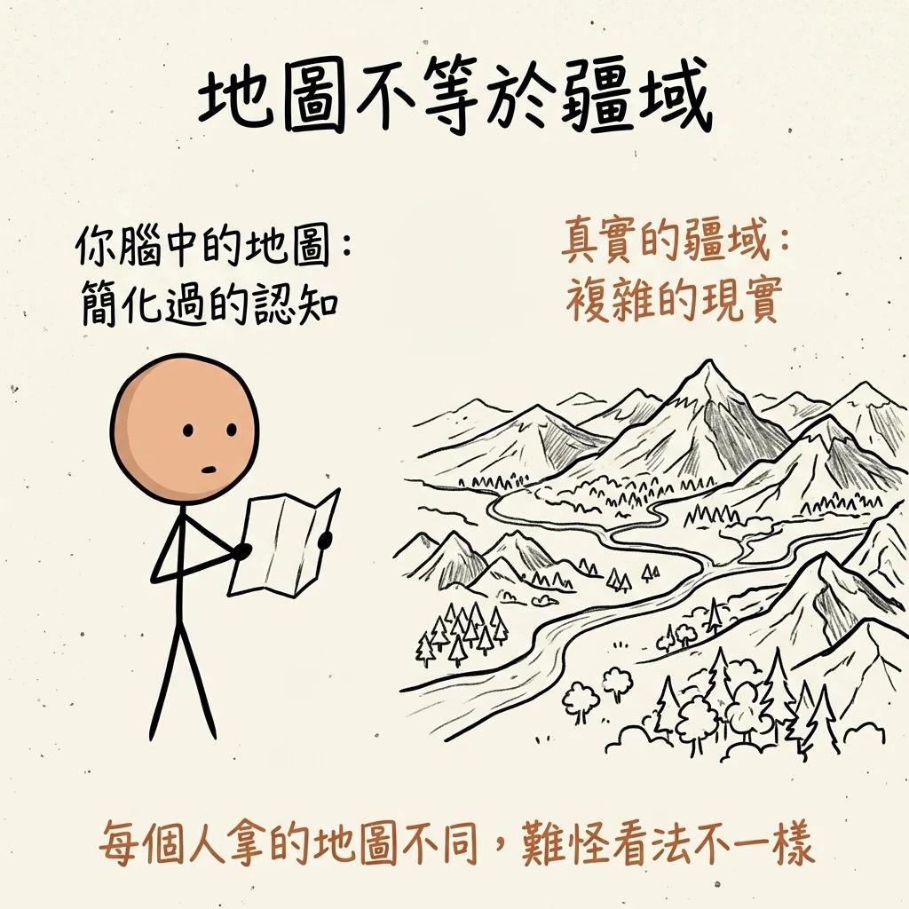 地圖不等於疆域:你腦中的地圖是簡化過的認知,真實的疆域是複雜的現實,每個人拿的地圖不同難怪看法不一樣