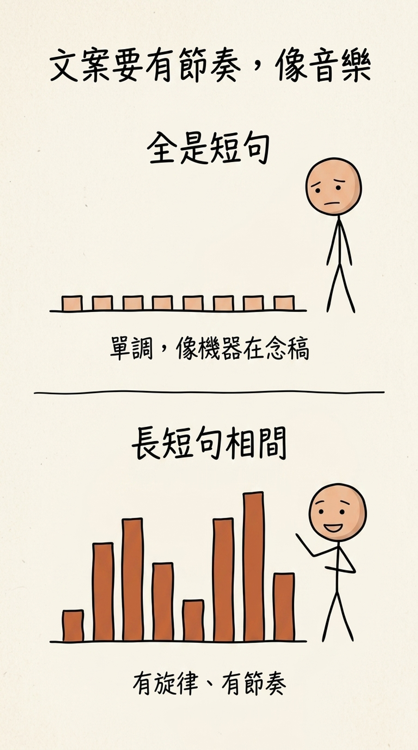 文案要有節奏，像音樂：全是短句像一排一樣高的方塊、單調得像機器念稿；長短句相間像高低起伏的節拍，有旋律、有節奏