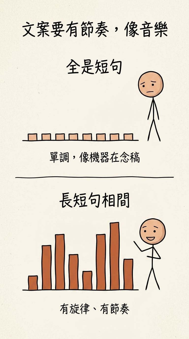 文案要有節奏,像音樂:全是短句像一排一樣高的方塊、單調得像機器念稿;長短句相間像高低起伏的節拍,有旋律、有節奏
