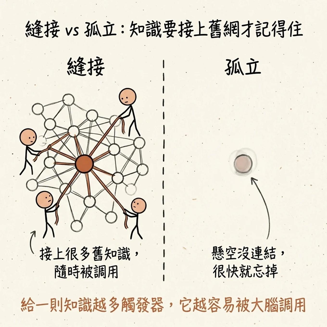 縫接對比孤立：縫接是把一則知識接上很多舊知識隨時被調用，孤立是知識懸空沒連結很快就忘掉，給一則知識越多觸發器它越容易被大腦調用