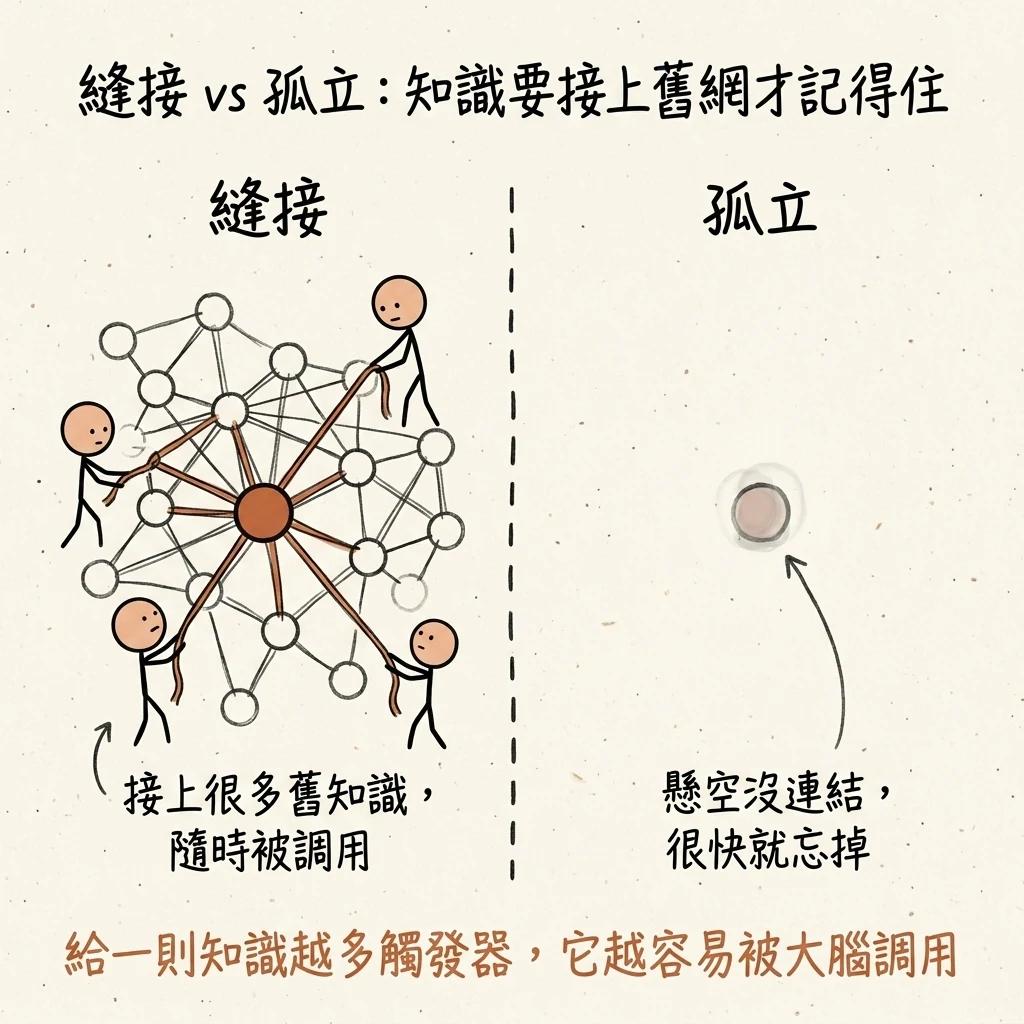 縫接對比孤立:縫接是把一則知識接上很多舊知識隨時被調用,孤立是知識懸空沒連結很快就忘掉,給一則知識越多觸發器它越容易被大腦調用