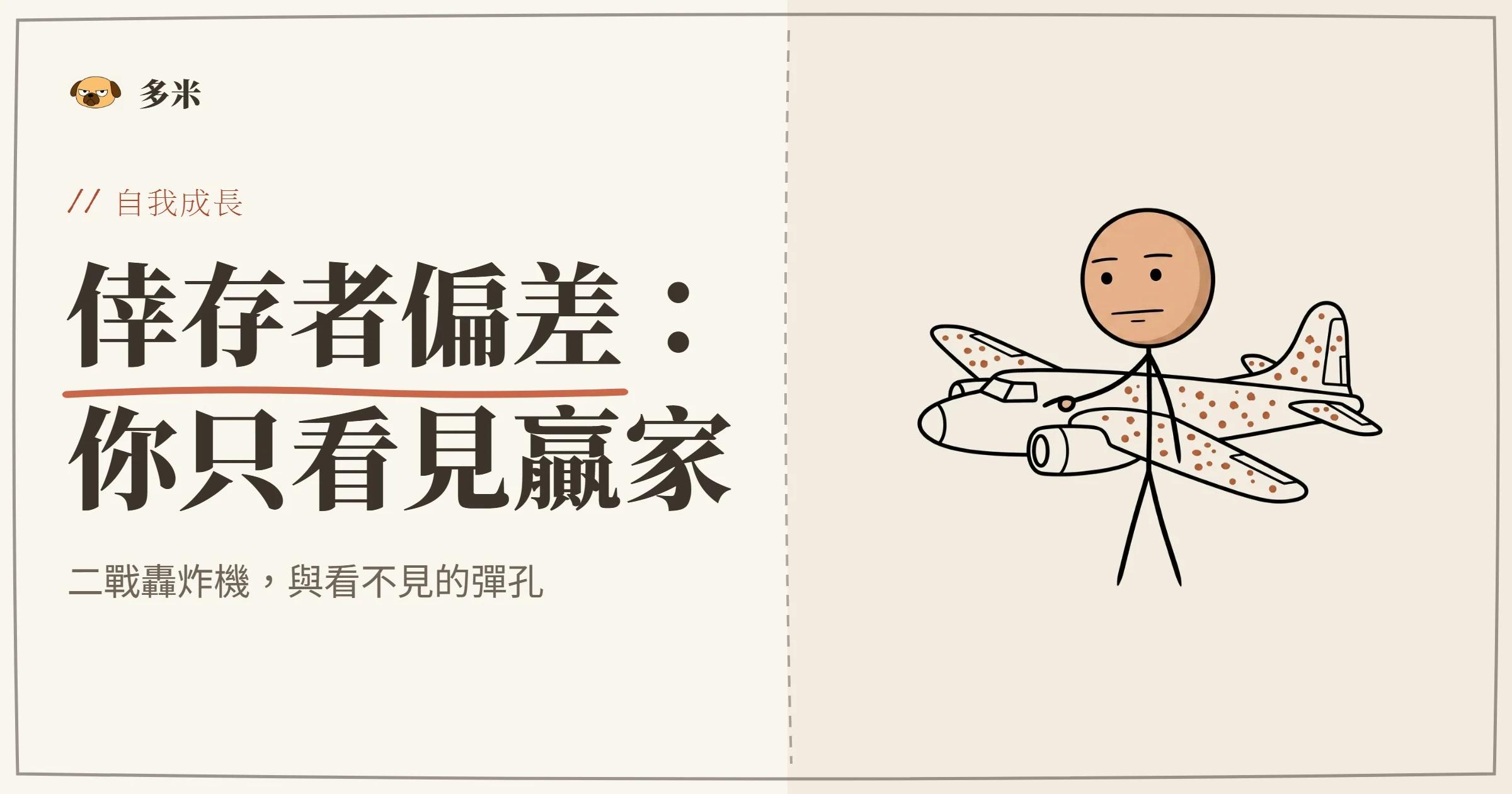 倖存者偏差封面，火柴人與佈滿彈孔的轟炸機插圖