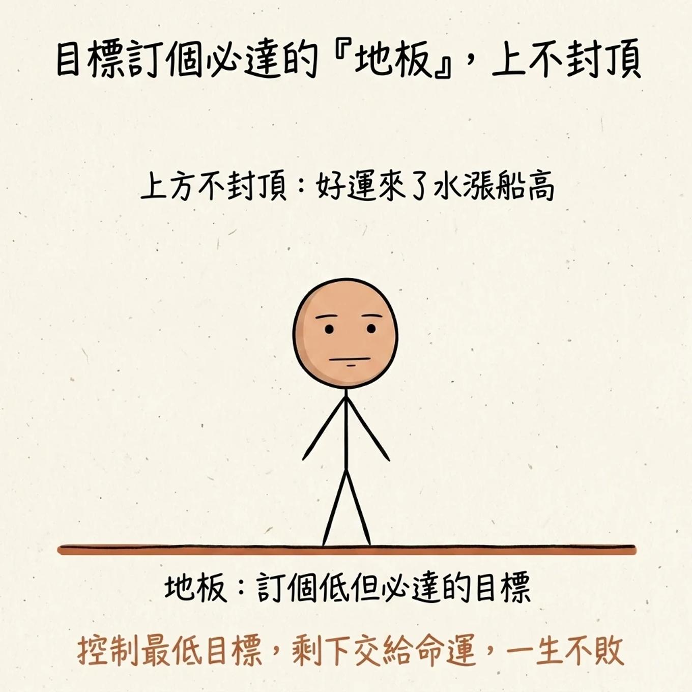 目標訂個必達的地板上不封頂：地板是訂個低但必達的目標，上方不封頂好運來了水漲船高，控制最低目標剩下交給命運一生不敗