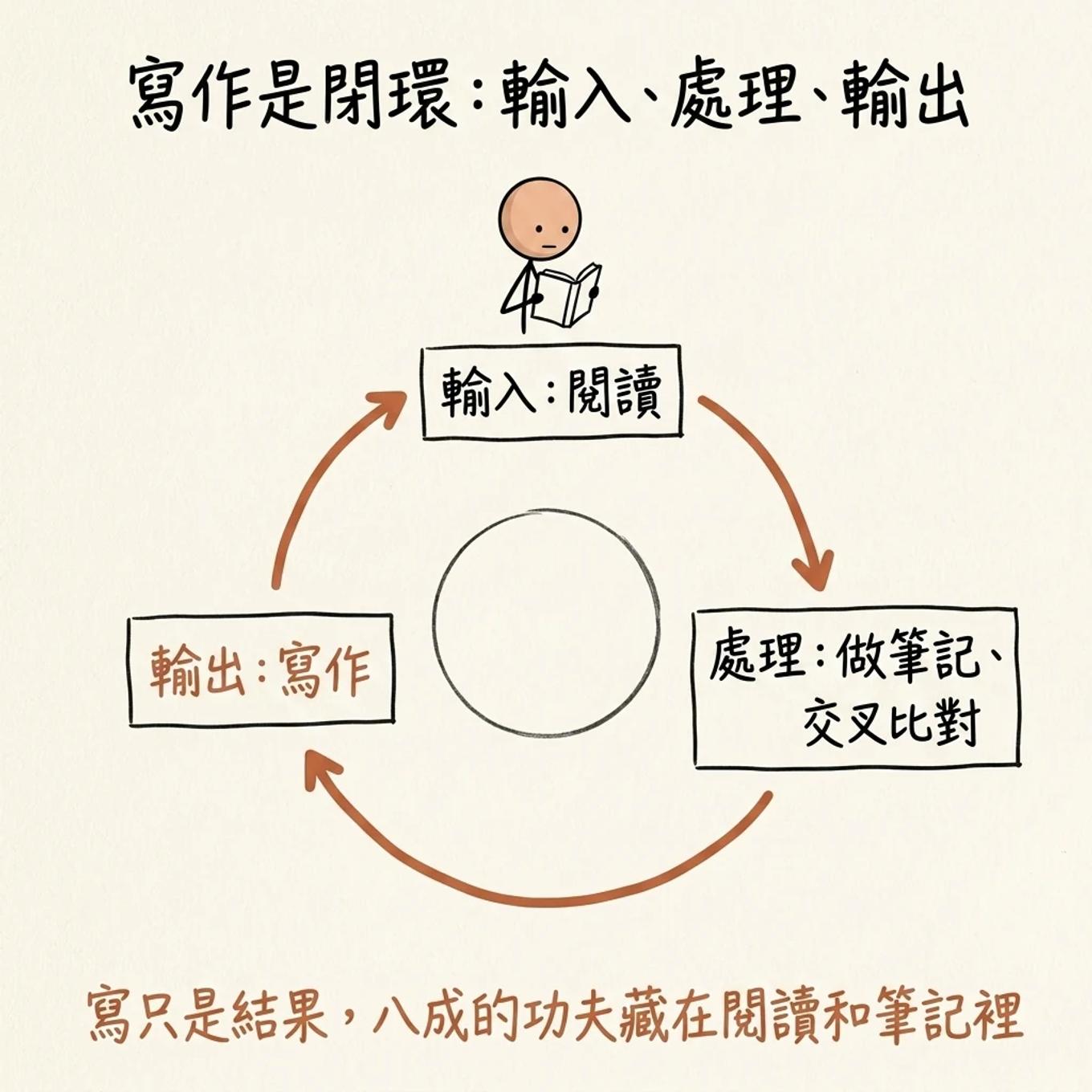 寫作是閉環輸入處理輸出：輸入是閱讀處理是做筆記交叉比對輸出是寫作，寫只是結果八成的功夫藏在閱讀和筆記裡