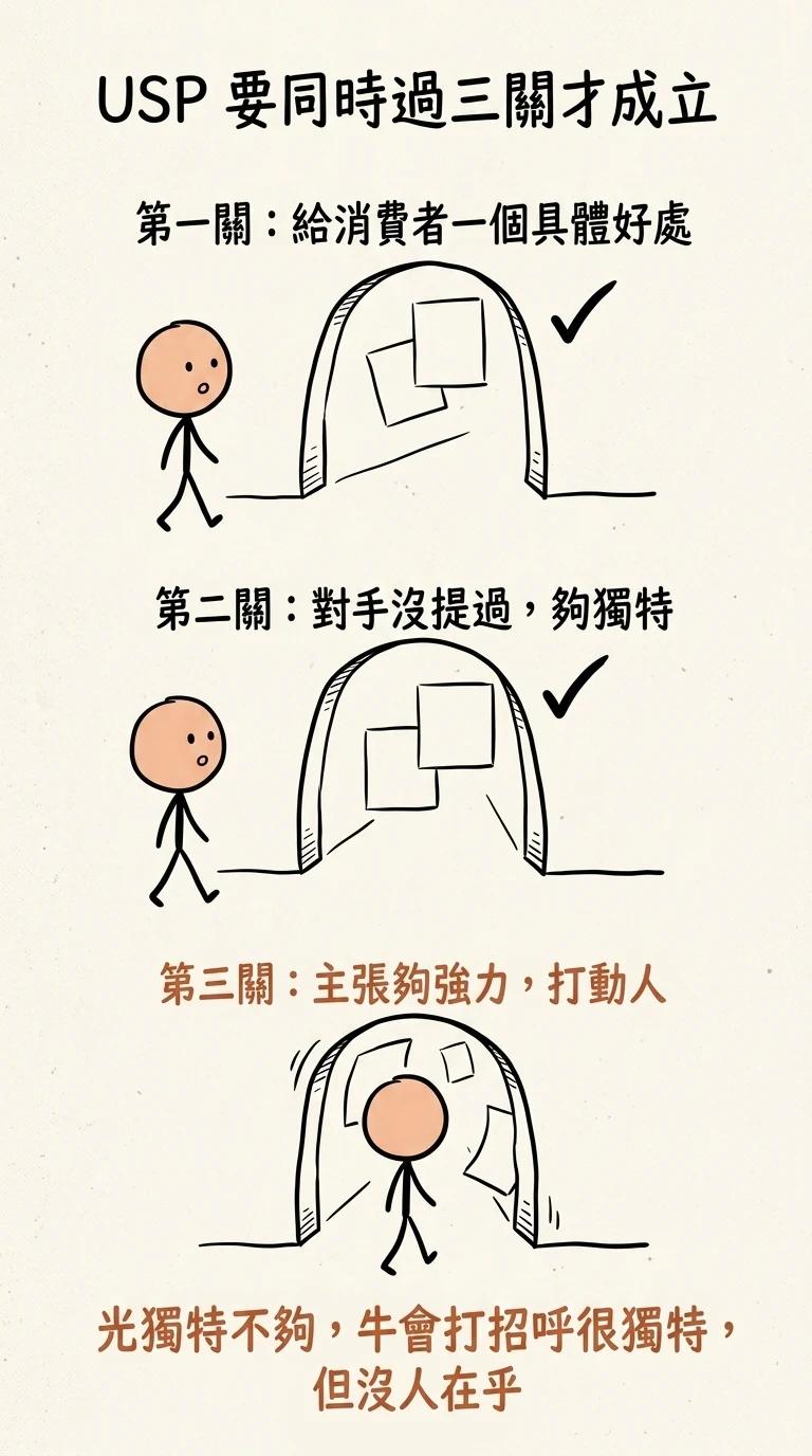 USP 要同時過三關才成立:第一關給消費者一個具體好處第二關對手沒提過夠獨特第三關主張夠強力打動人,光獨特不夠牛會打招呼很獨特但沒人在乎
