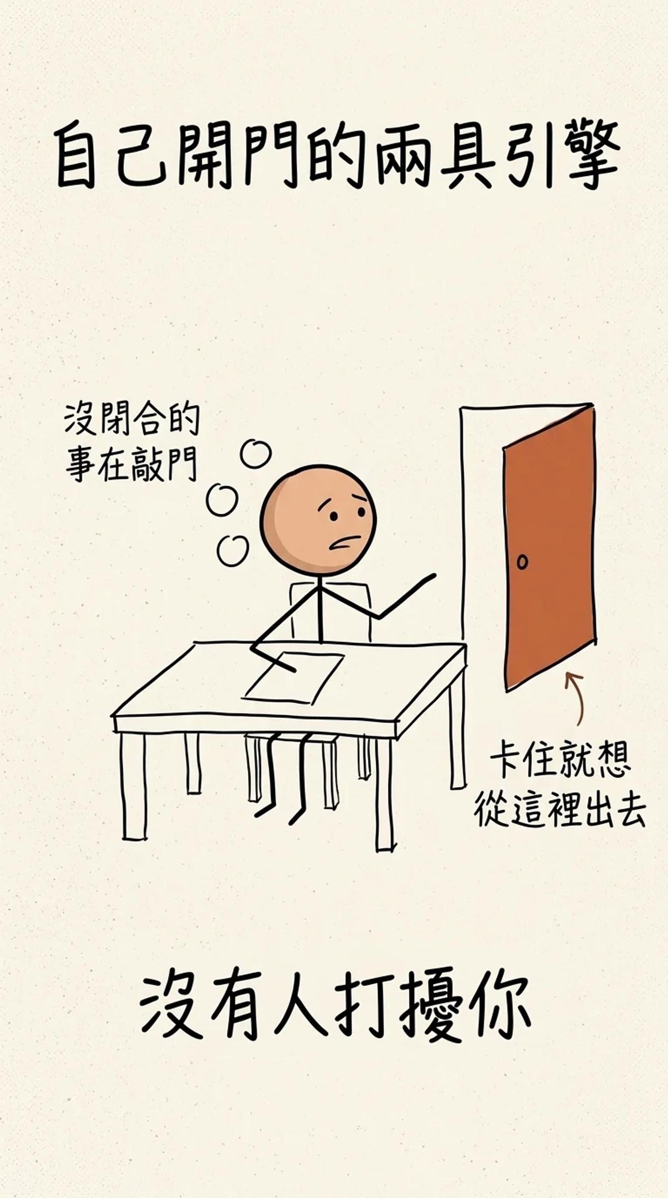 自己開門的兩具引擎：沒閉合的事從內側敲門，卡住的時候切換就是逃生門；沒有人打擾你，門是你自己開的