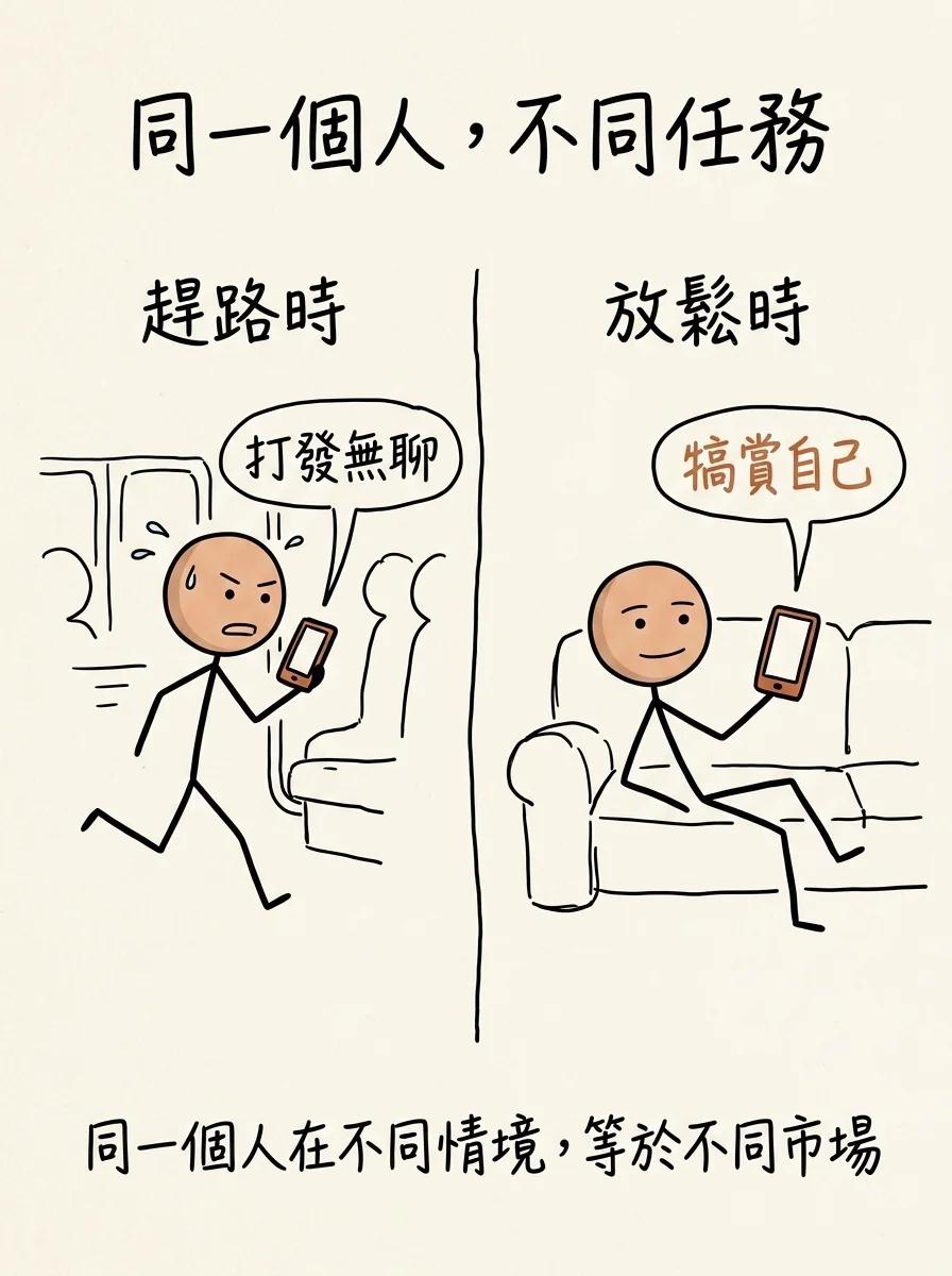 同一個人在不同情境下僱傭你的產品完成不同任務,等於不同市場:趕路時打發無聊、放鬆時犒賞自己