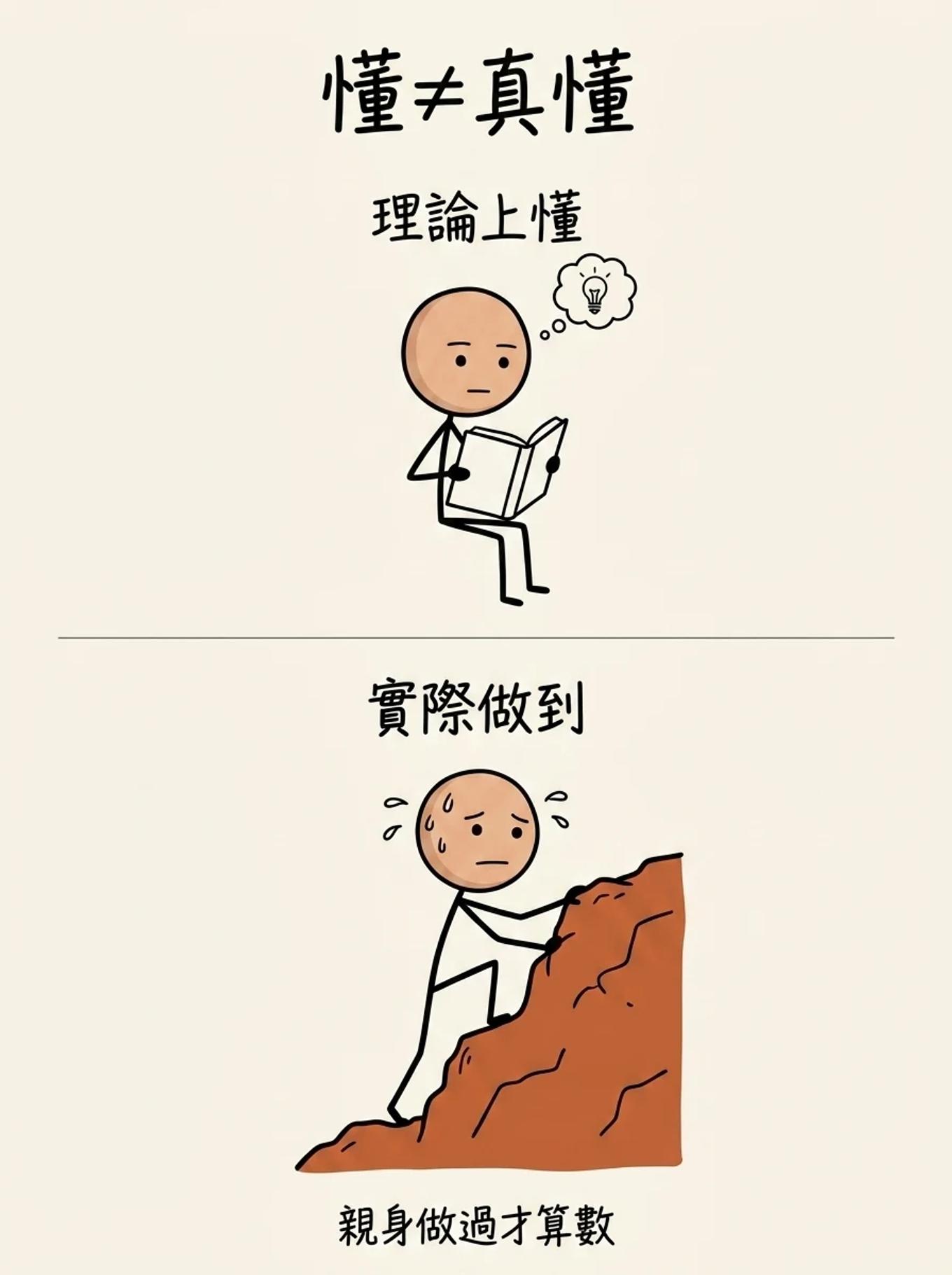 懂道理不等於真懂：理論上懂只是坐著讀書，實際做到要親身翻過難關，親身做過才算數