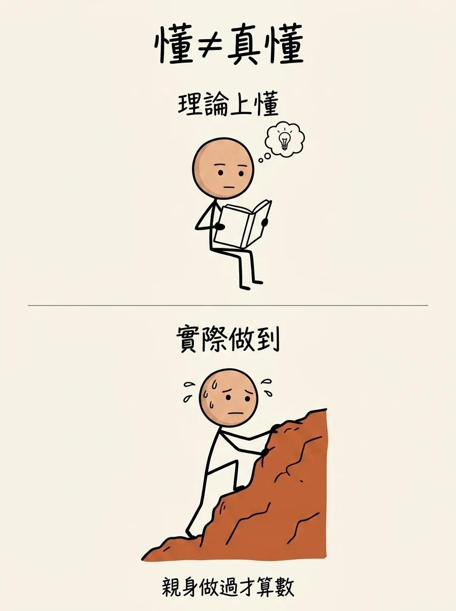 懂道理不等於真懂:理論上懂只是坐著讀書,實際做到要親身翻過難關,親身做過才算數