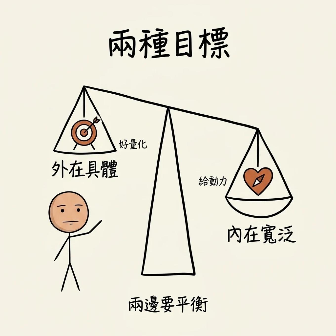 兩種目標的平衡：外在具體目標好量化但缺動力，內在寬泛目標難量化卻給長久動力，兩邊要平衡