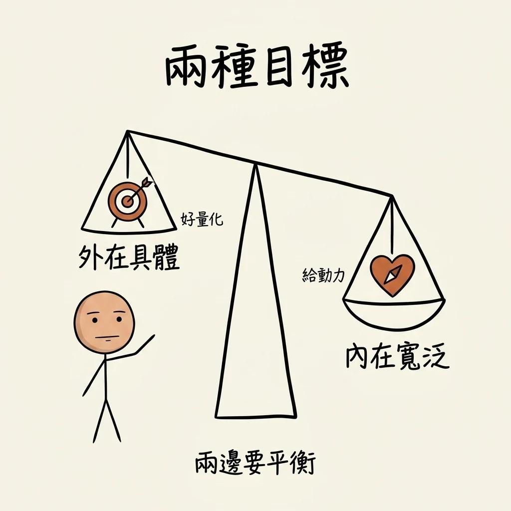 兩種目標的平衡:外在具體目標好量化但缺動力,內在寬泛目標難量化卻給長久動力,兩邊要平衡