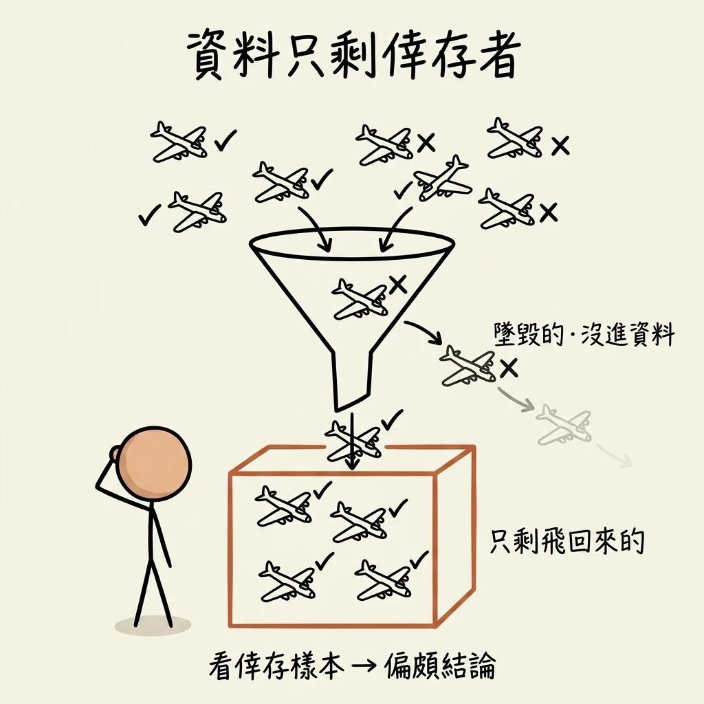 倖存者偏差:資料集只剩飛回來的倖存樣本,墜毀的飛機沒進資料,導致偏頗結論