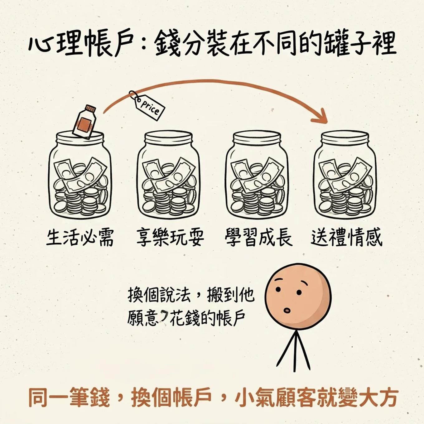 心理帳戶：錢分裝在生活必需、享樂玩耍、學習成長、送禮情感等不同罐子裡，換個說法把商品搬到他願意花錢的帳戶，小氣顧客就變大方