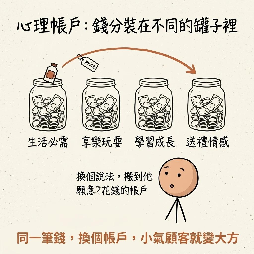 心理帳戶:錢分裝在生活必需、享樂玩耍、學習成長、送禮情感等不同罐子裡,換個說法把商品搬到他願意花錢的帳戶,小氣顧客就變大方