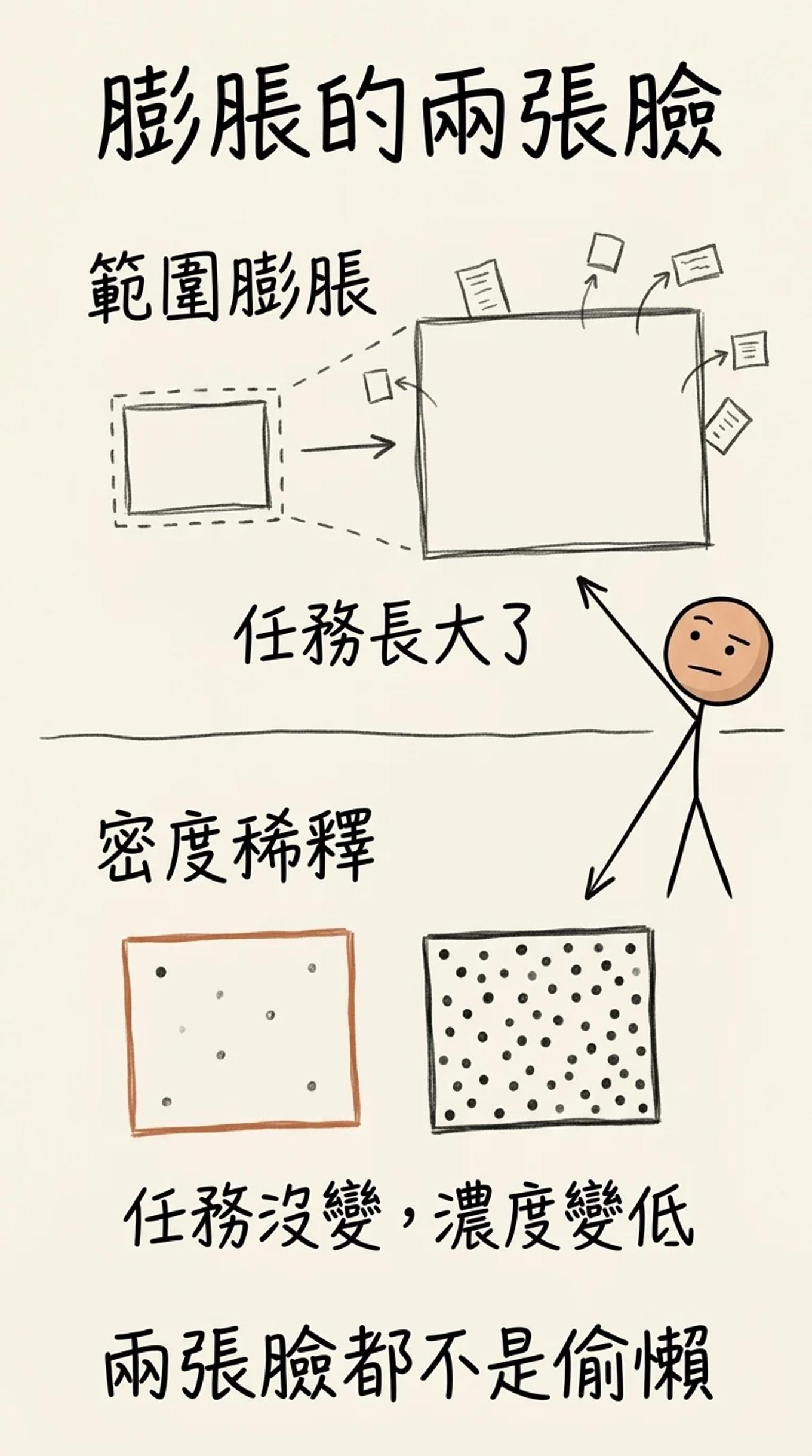 膨脹的兩張臉：範圍膨脹是任務長大了，密度稀釋是任務沒變、濃度變低；兩張臉都不是偷懶