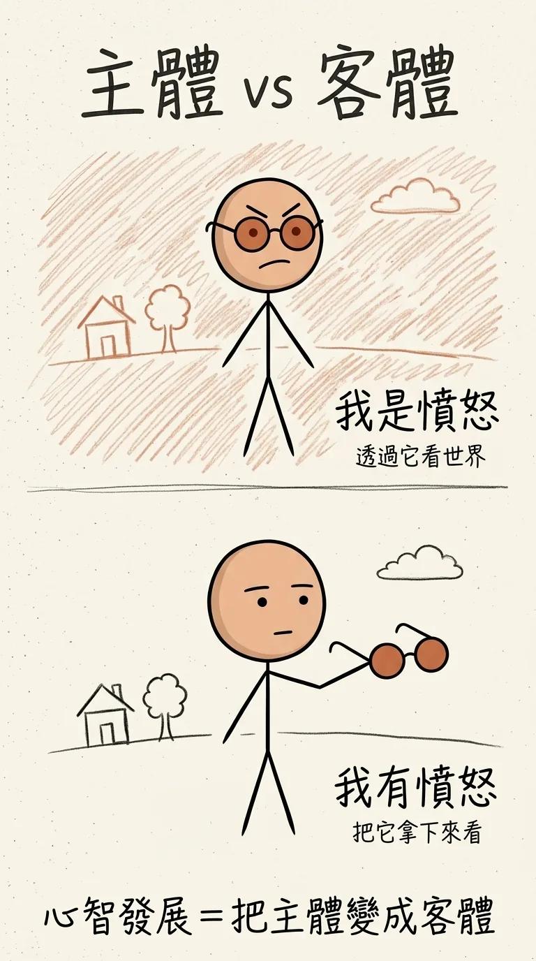 主體與客體:戴著紅色鏡片時你是憤怒本身,整個世界都是紅的;把鏡片拿下來端詳,你就擁有了憤怒。心智發展就是把主體變成客體