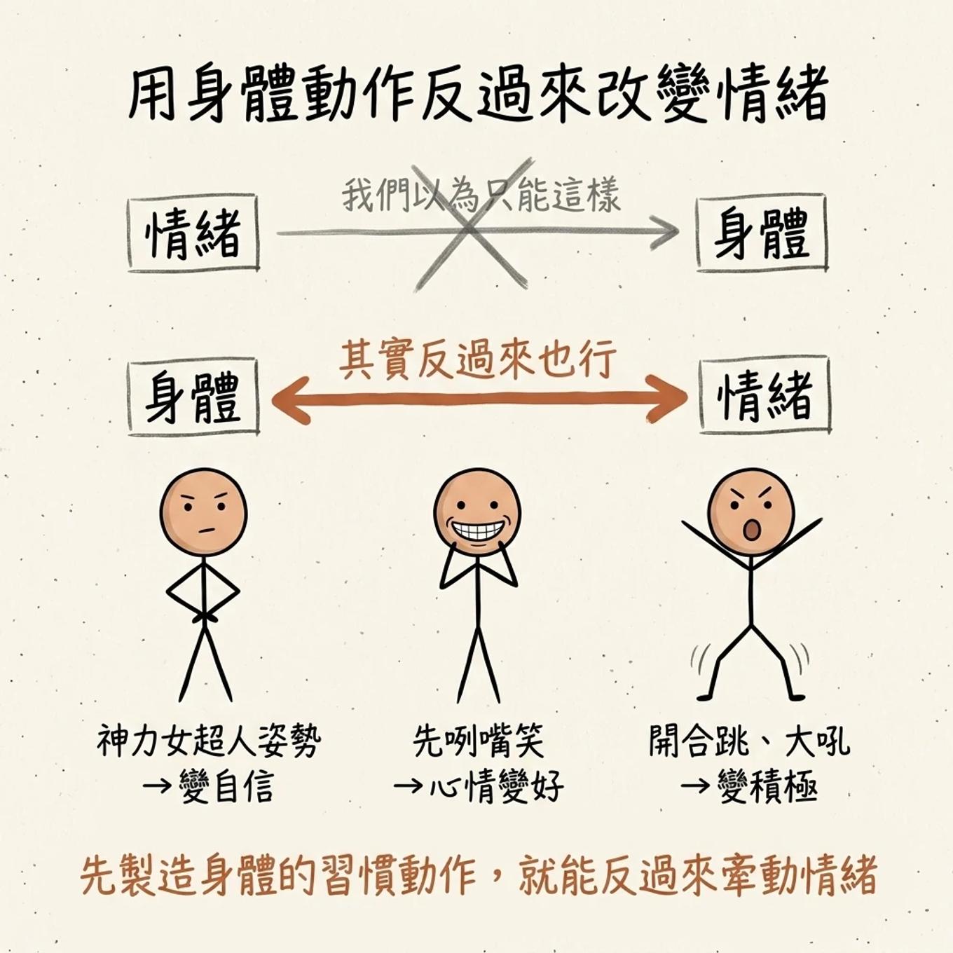 用身體動作反過來改變情緒：神力女超人姿勢變自信、先咧嘴笑心情變好、開合跳大吼變積極
