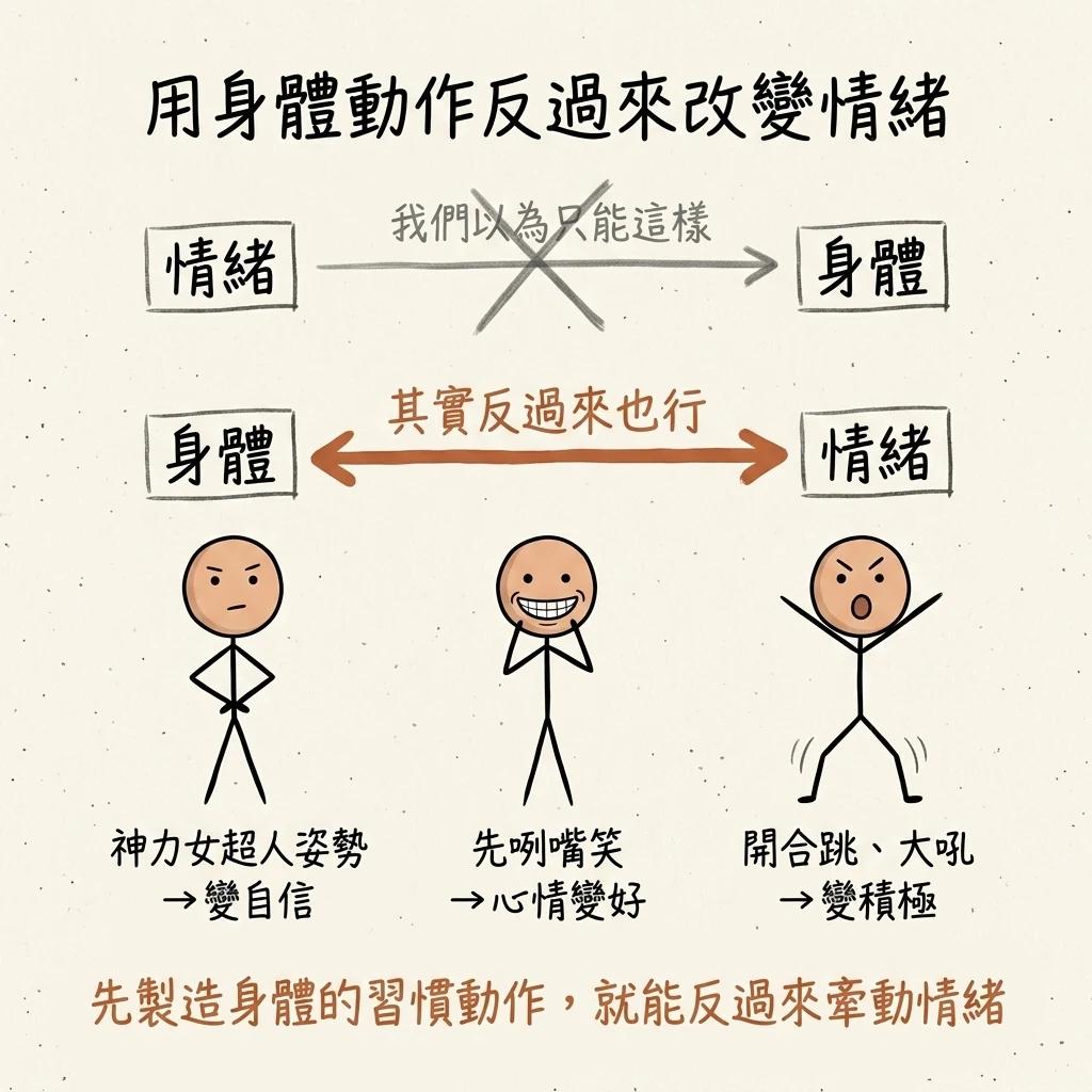 用身體動作反過來改變情緒:神力女超人姿勢變自信、先咧嘴笑心情變好、開合跳大吼變積極