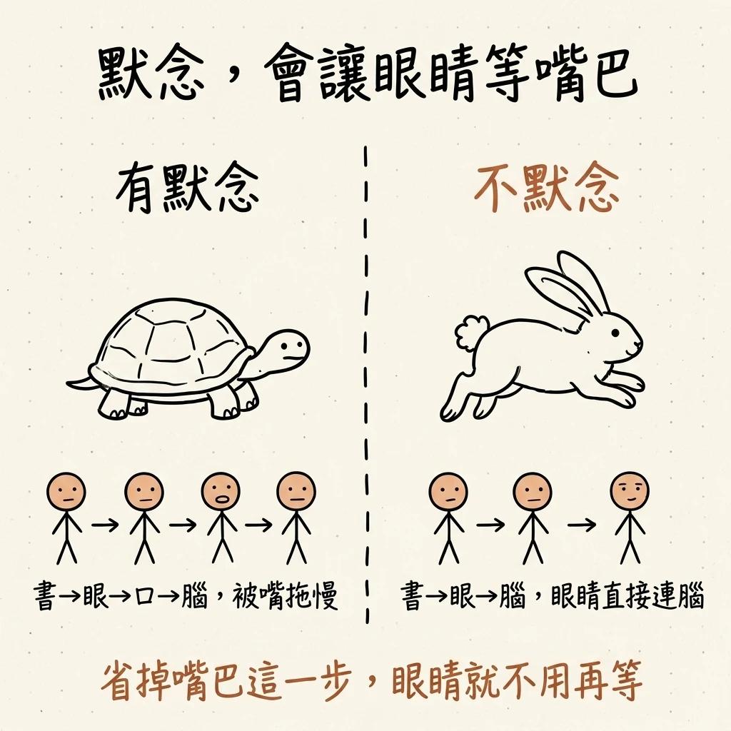 默念會讓眼睛等嘴巴:有默念是書到眼到口到腦被嘴拖慢像烏龜,不默念是書到眼到腦眼睛直接連腦像兔子,省掉嘴巴這一步眼睛就不用再等