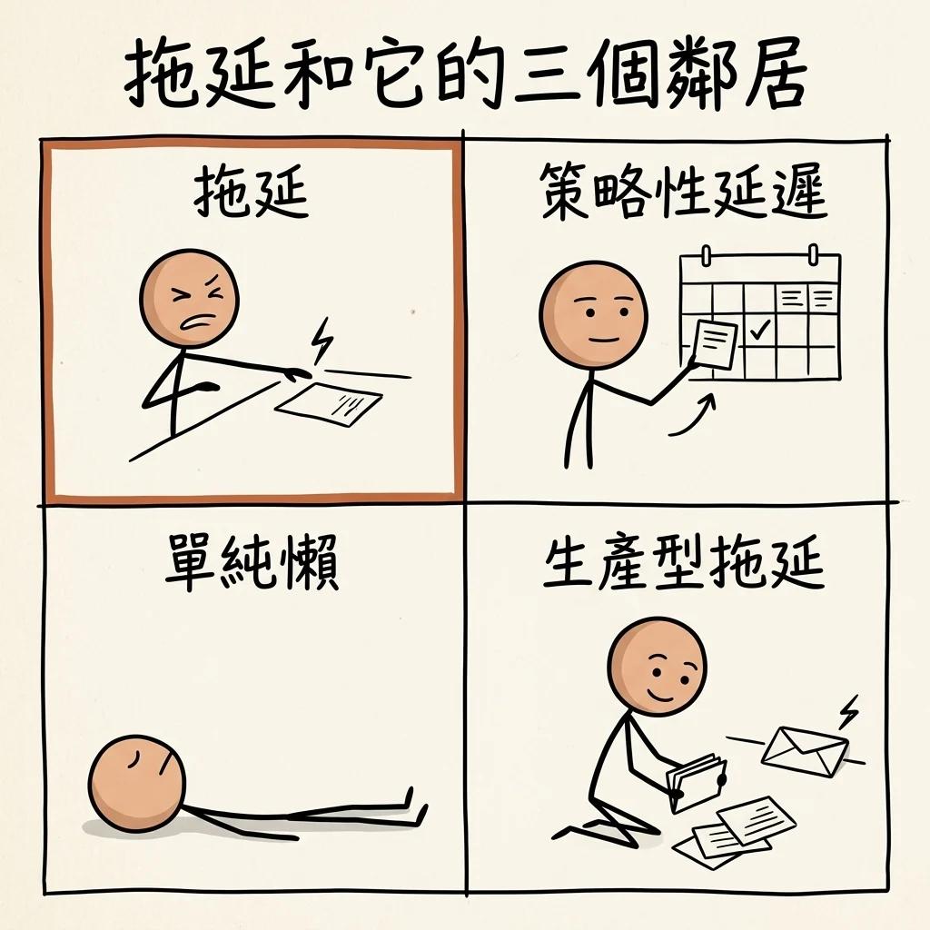 拖延和它的三個鄰居:拖延是伸手又縮回的刺痛,策略性延遲是把任務挪到更好的時段,單純懶是攤著不動,生產型拖延是忙著整理別的事、那封信還躺著