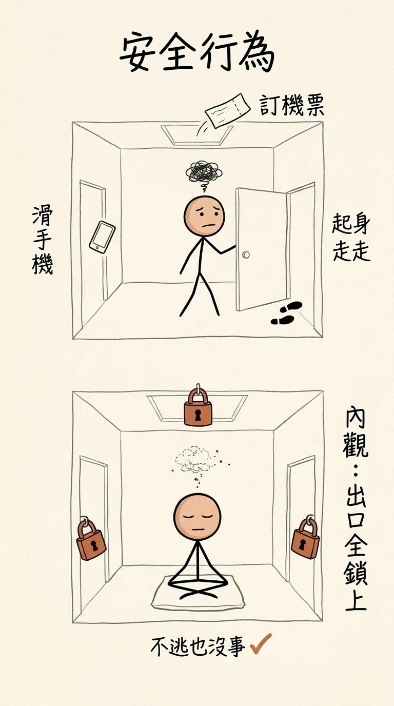安全行為:日常的房間有三扇開著的門,滑手機、起身走走、訂機票,火柴人不舒服就想溜出去;內觀中心把三扇門都上鎖,火柴人只能坐下打坐,學到不逃也沒事