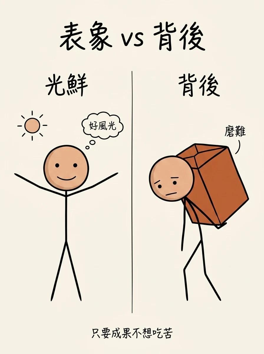 夢幻職業的表象 vs 背後:左邊只看到光鮮的成果,右邊看不到背後要扛的磨難