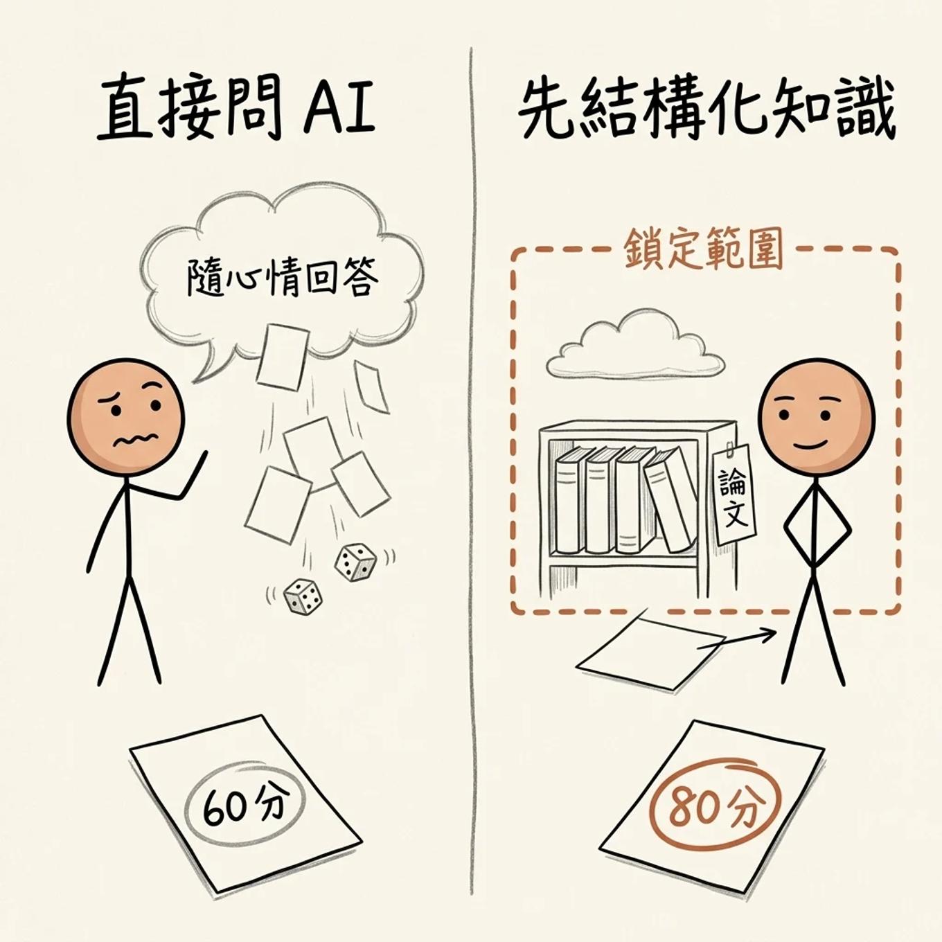 左邊直接問 AI，答案像擲骰子隨心情回答，拿到 60 分；右邊先用論文結構化知識、把回答鎖定在範圍內，拿到 80 分