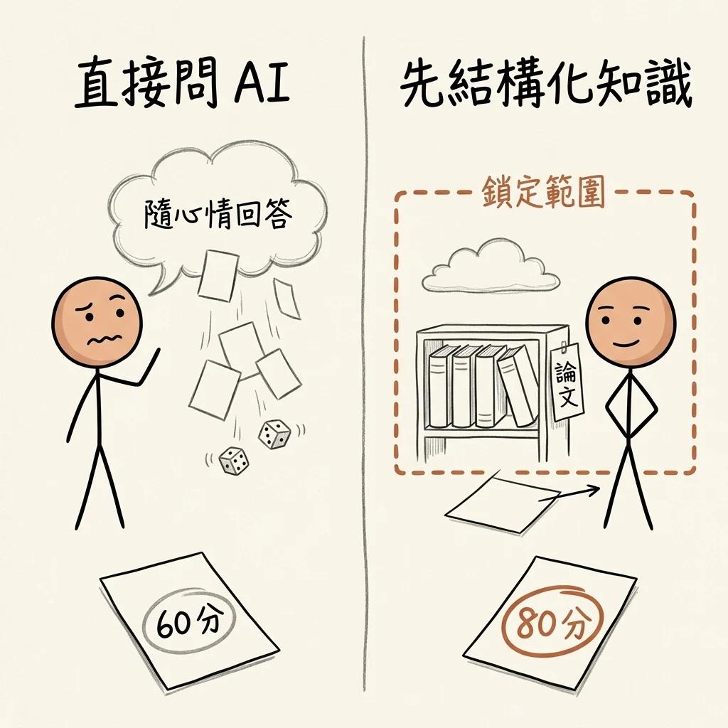左邊直接問 AI,答案像擲骰子隨心情回答,拿到 60 分;右邊先用論文結構化知識、把回答鎖定在範圍內,拿到 80 分