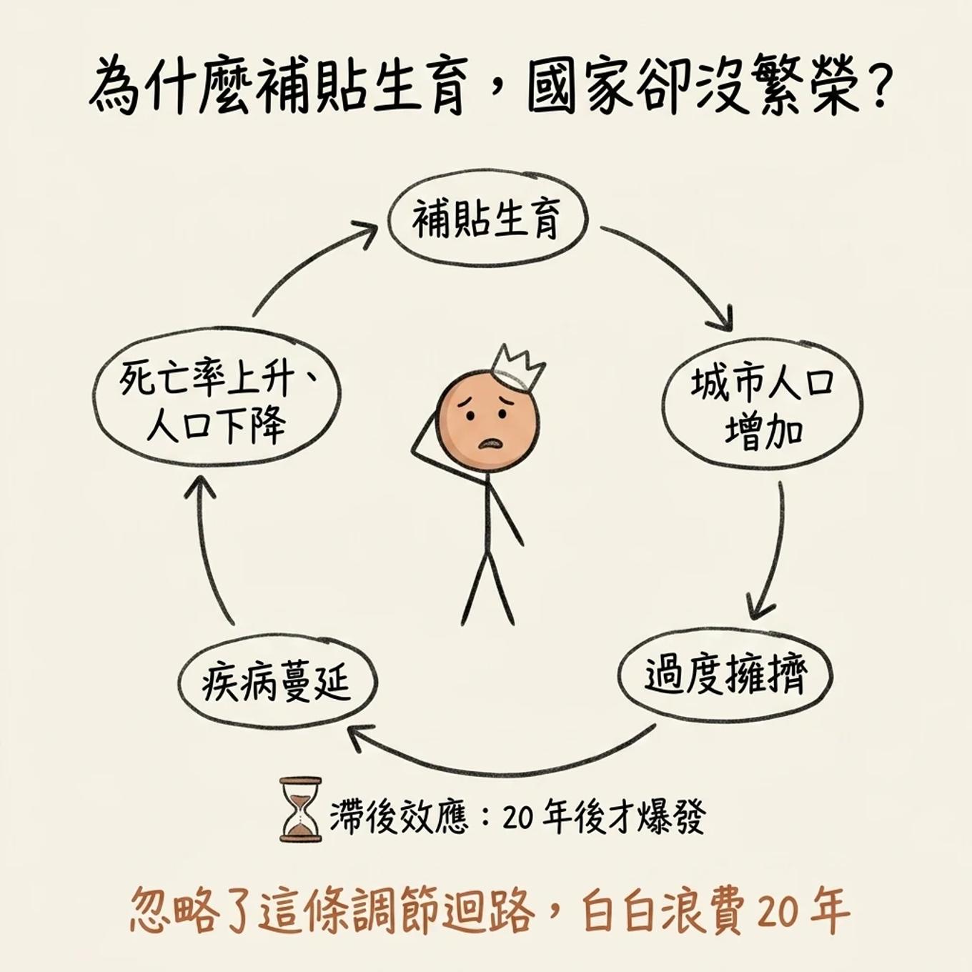 國王補貼生育的調節迴路：人口增加導致過度擁擠、疾病蔓延、死亡率上升，加上二十年滯後效應反撲