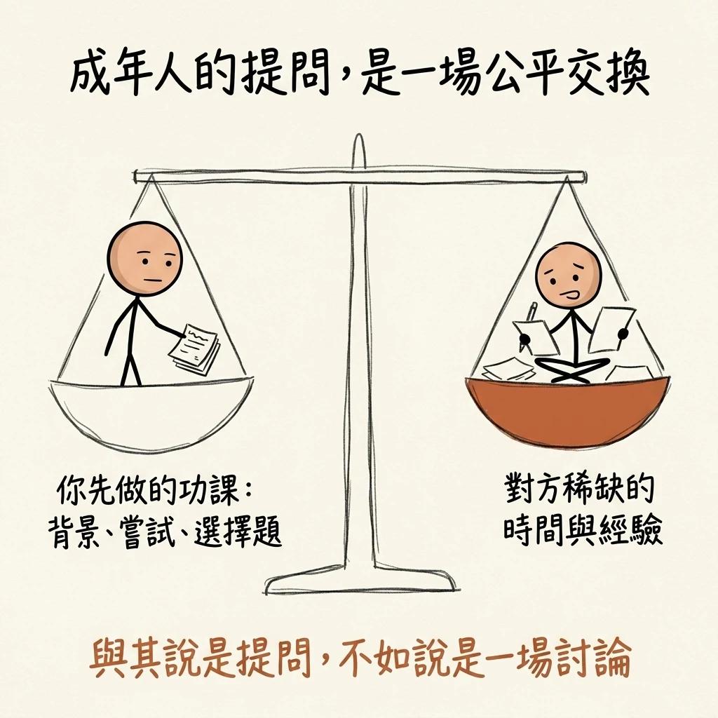 提問是公平交換的天平:左盤是你先做的功課背景嘗試與選擇題,右盤是對方稀缺的時間與經驗,兩邊對等對方才有興趣回答