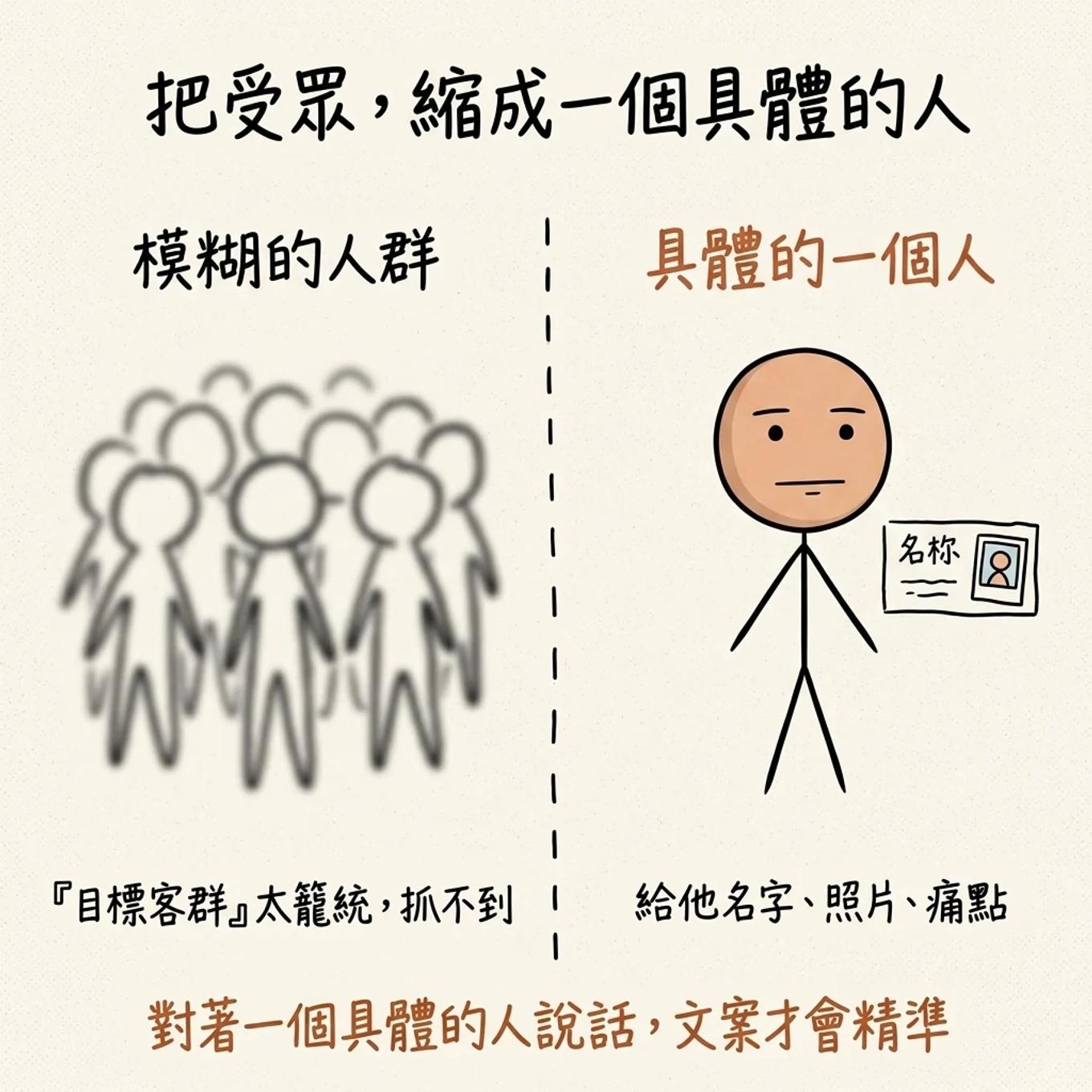 把受眾縮成一個具體的人：模糊的人群太籠統抓不到，具體的一個人有名字照片痛點，對著一個具體的人說話文案才會精準