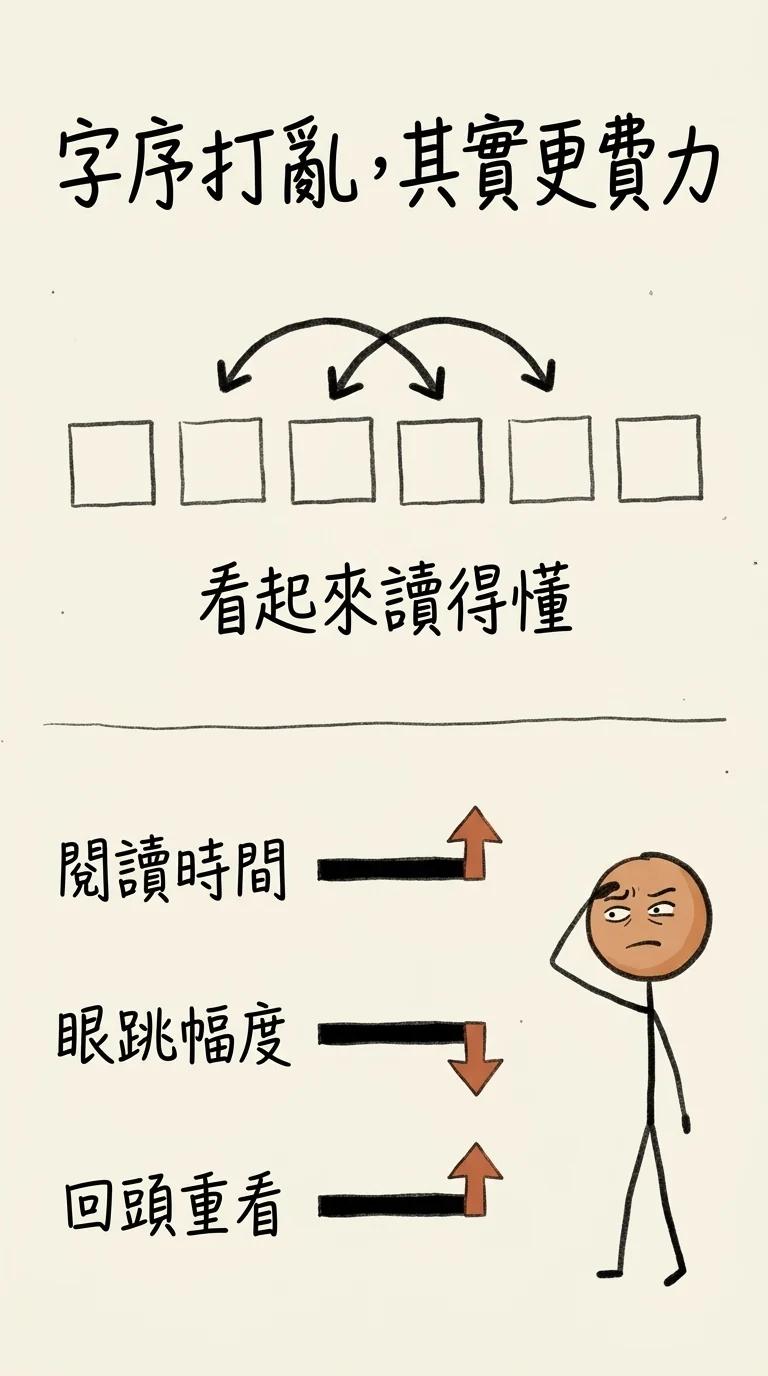 字序打亂其實更費力:看起來讀得懂,但眼動實驗顯示閱讀時間變長、眼跳幅度變小、回頭重看次數變多