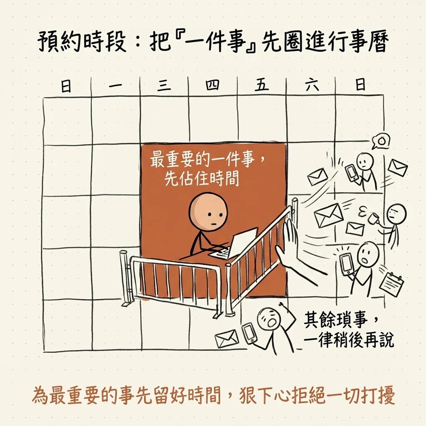 預約時段把一件事先圈進行事曆：最重要的一件事先佔住時間，其餘瑣事一律稍後再說，為最重要的事先留好時間狠下心拒絕一切打擾