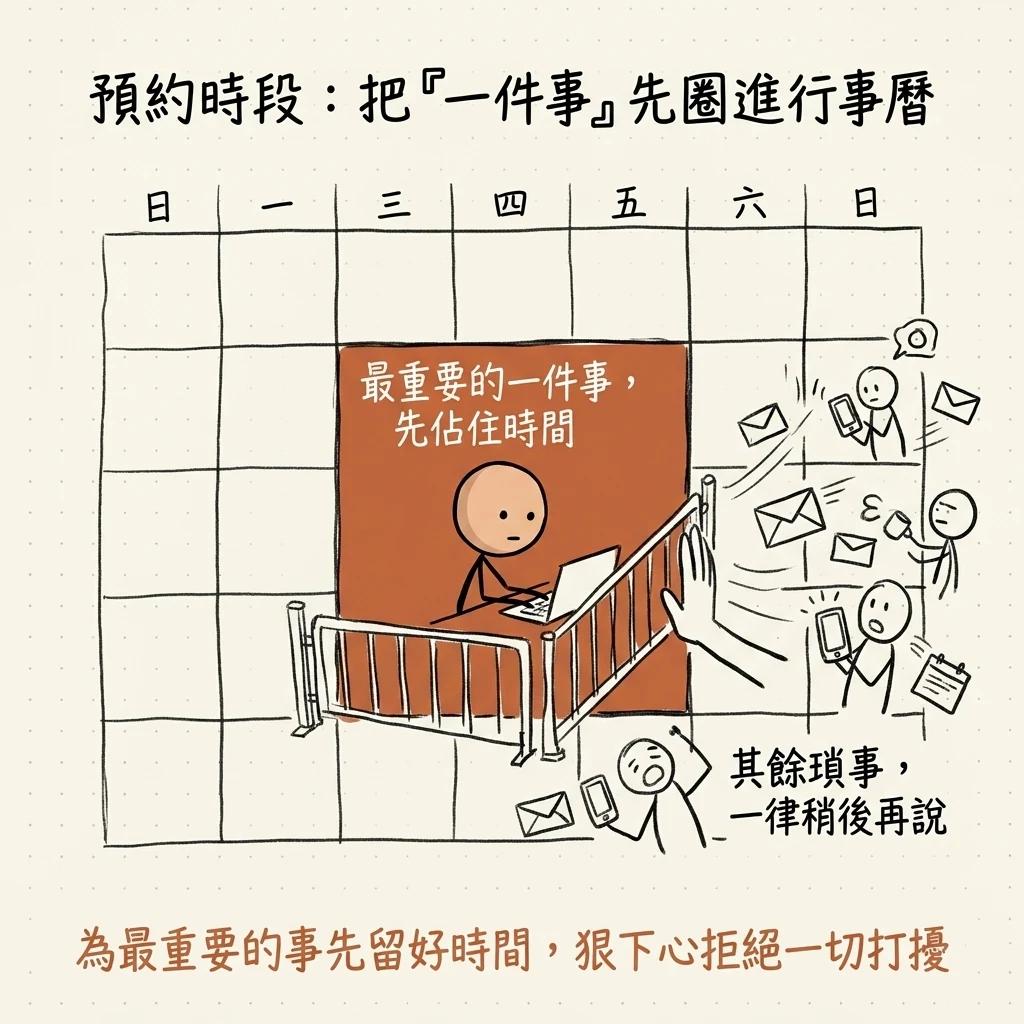 預約時段把一件事先圈進行事曆:最重要的一件事先佔住時間,其餘瑣事一律稍後再說,為最重要的事先留好時間狠下心拒絕一切打擾