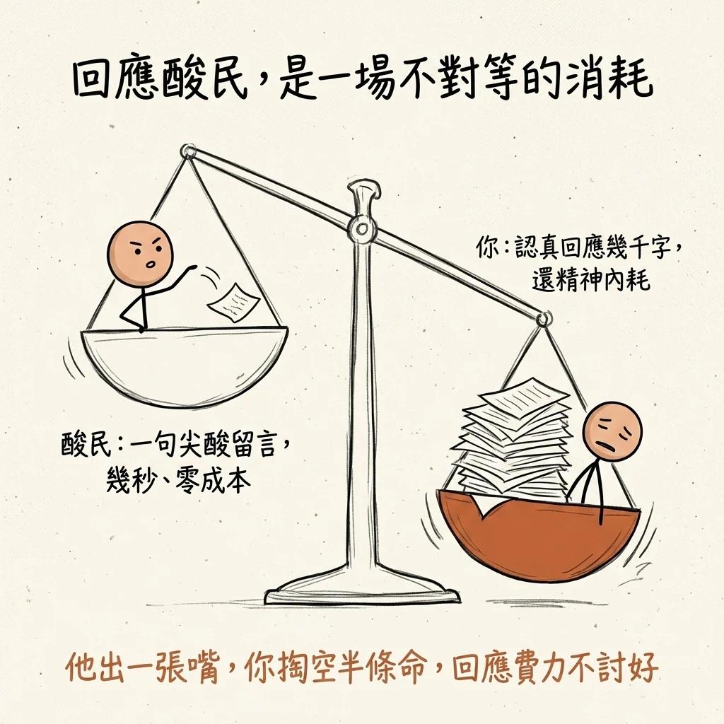 回應酸民是不對等消耗的天平:酸民一句尖酸留言幾秒零成本輕飄飄,你認真回應幾千字還精神內耗重重墜下,回應費力不討好