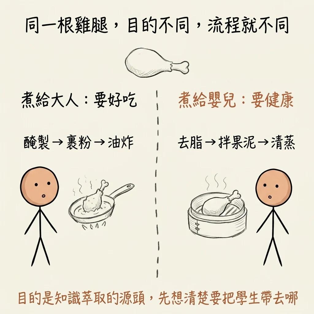 同一根雞腿目的不同流程就不同:煮給大人要好吃所以醃製裹粉油炸,煮給嬰兒要健康所以去脂拌果泥清蒸,目的是知識萃取的源頭先想清楚要把學生帶去哪
