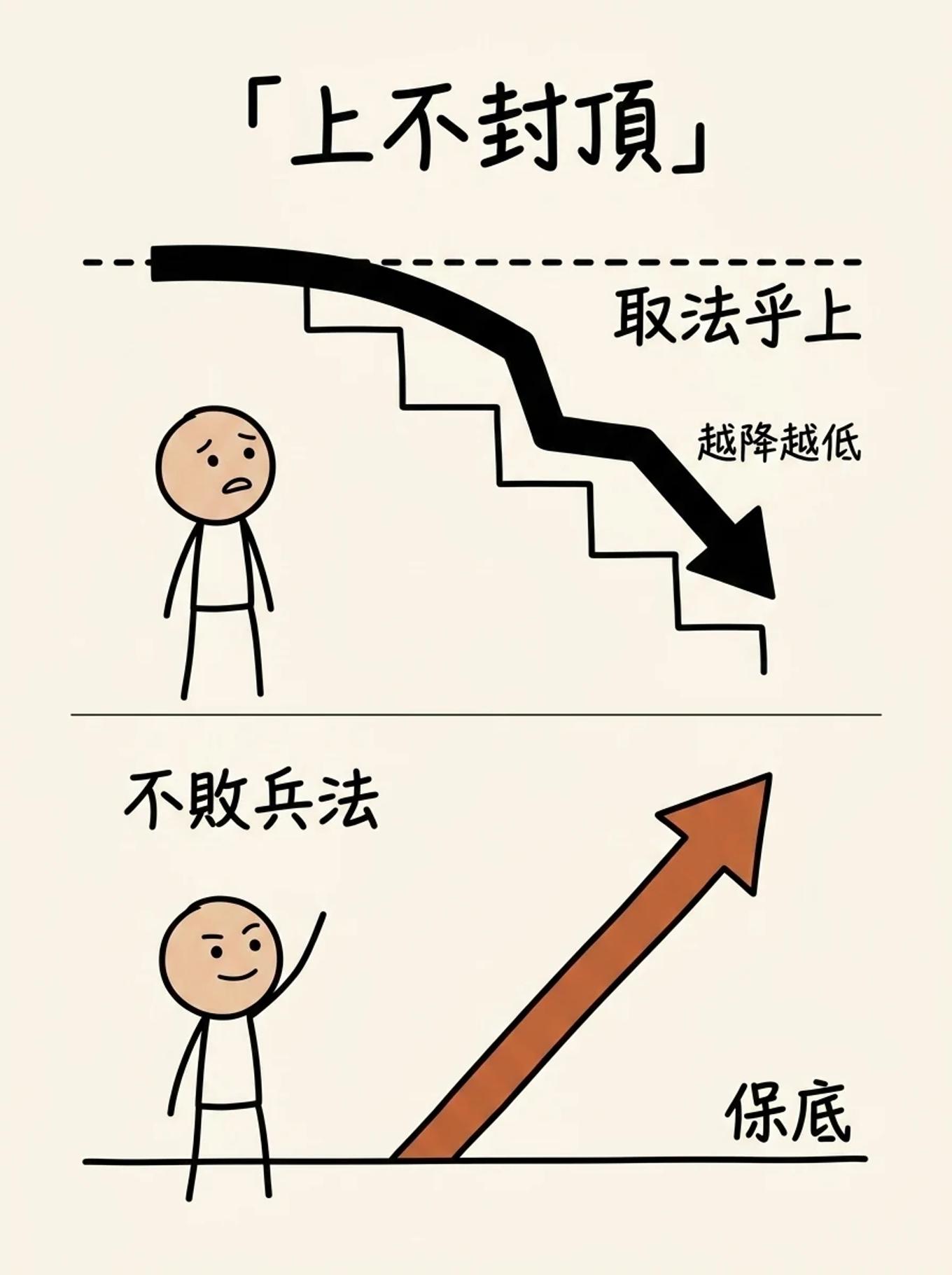 取法乎上的目標會一路下修保不住底，不敗兵法訂低保底卻能上不封頂往上衝