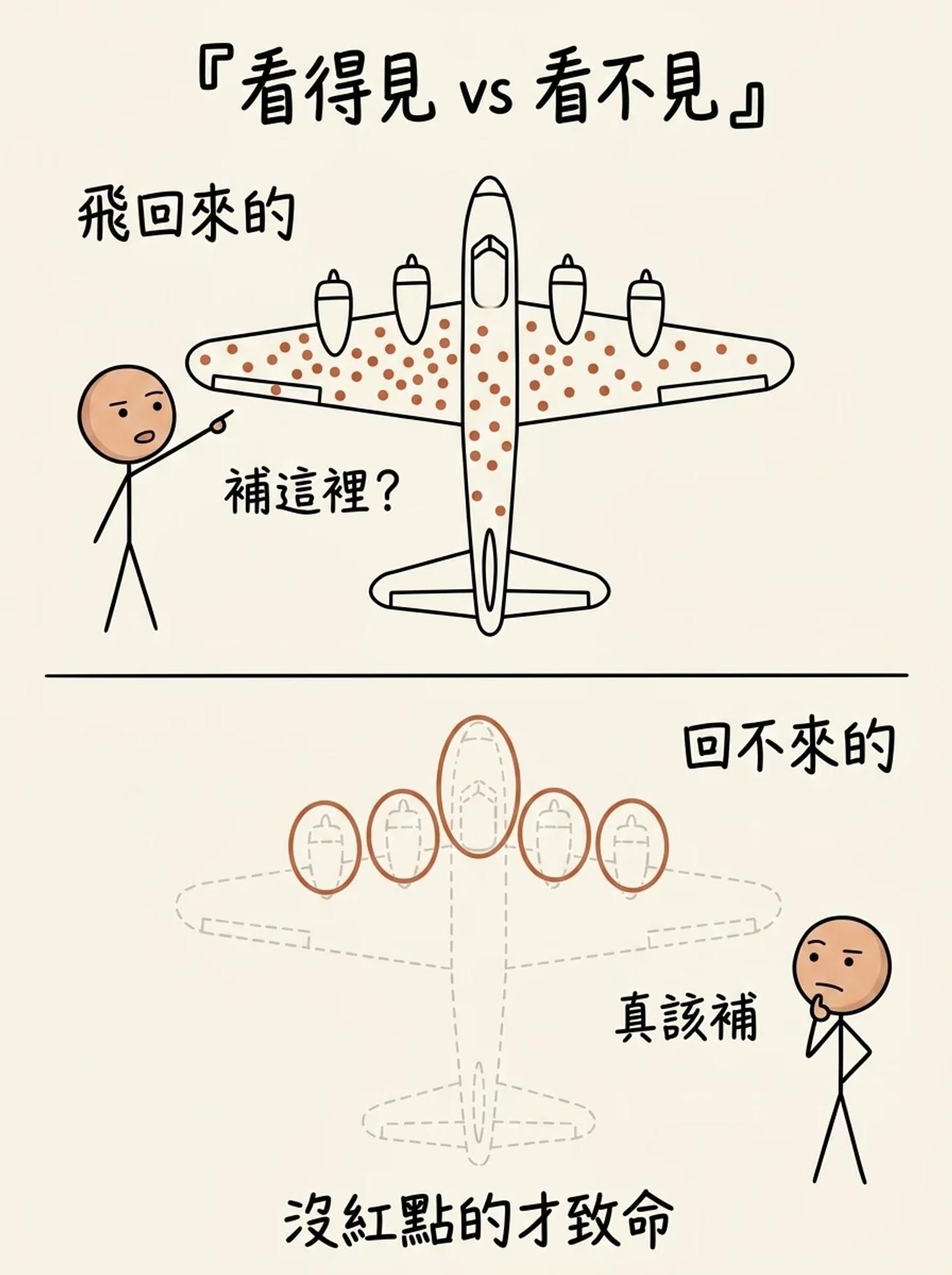 看得見 vs 看不見：飛回來的轟炸機機翼機身佈滿紅點，真正該補裝甲的是沒紅點的引擎與駕駛艙