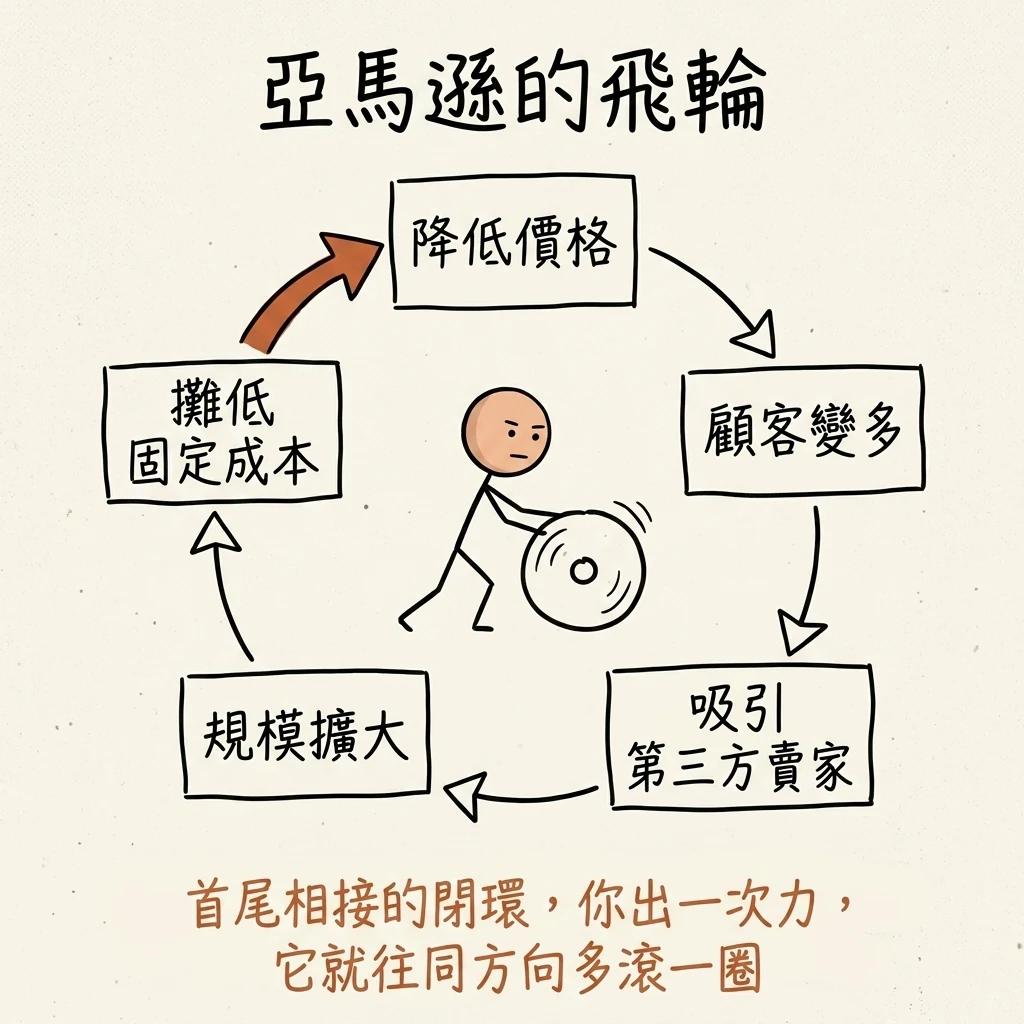亞馬遜飛輪閉環:降低價格、增加訪問、吸引賣家、擴大規模、攤提固定成本,再回頭降價,首尾相接