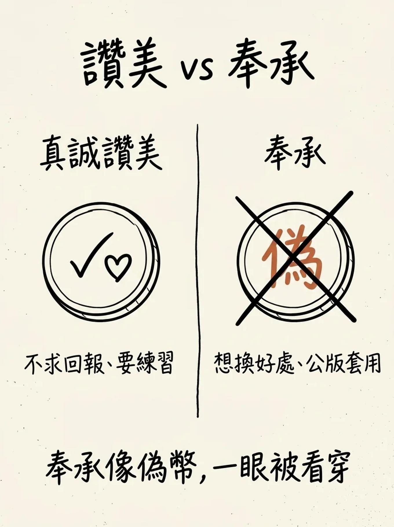 真誠讚美 vs 奉承：讚美不求回報、需要練習，奉承想換好處、公版套用像偽幣
