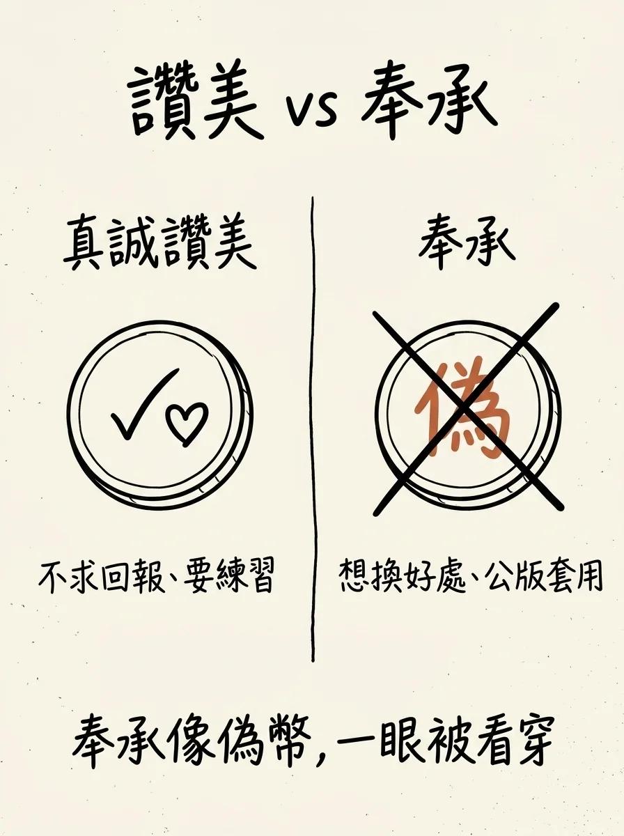 真誠讚美 vs 奉承:讚美不求回報、需要練習,奉承想換好處、公版套用像偽幣