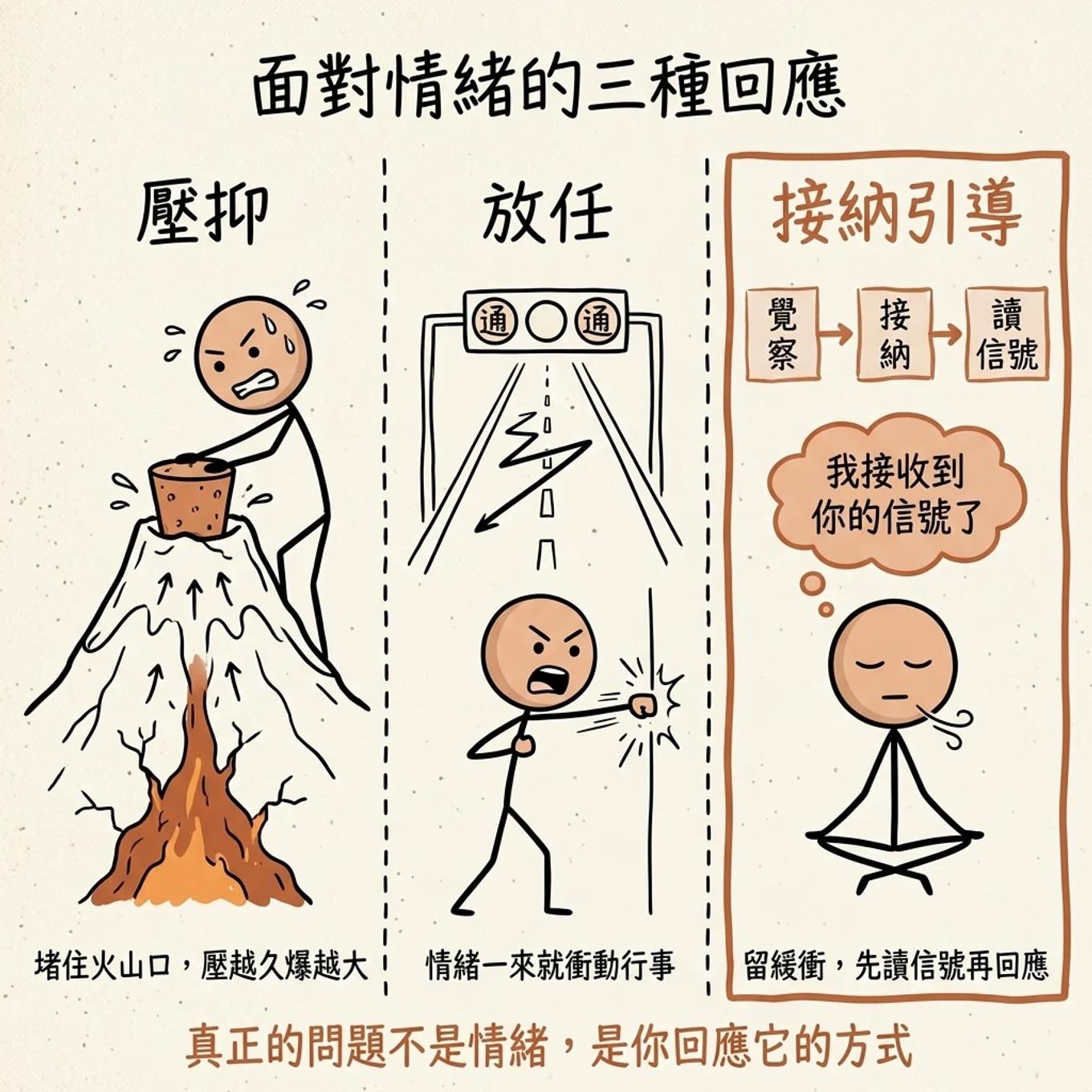 面對情緒的三種回應：壓抑像堵住火山口、放任像開綠燈衝動行事、接納引導則先讀信號再回應