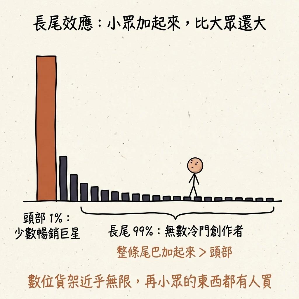 長尾效應分佈圖:左邊一根代表頭部百分之一暢銷巨星的高柱,右邊一長排代表長尾百分之九十九冷門創作者的矮柱,整條尾巴加起來大於頭部